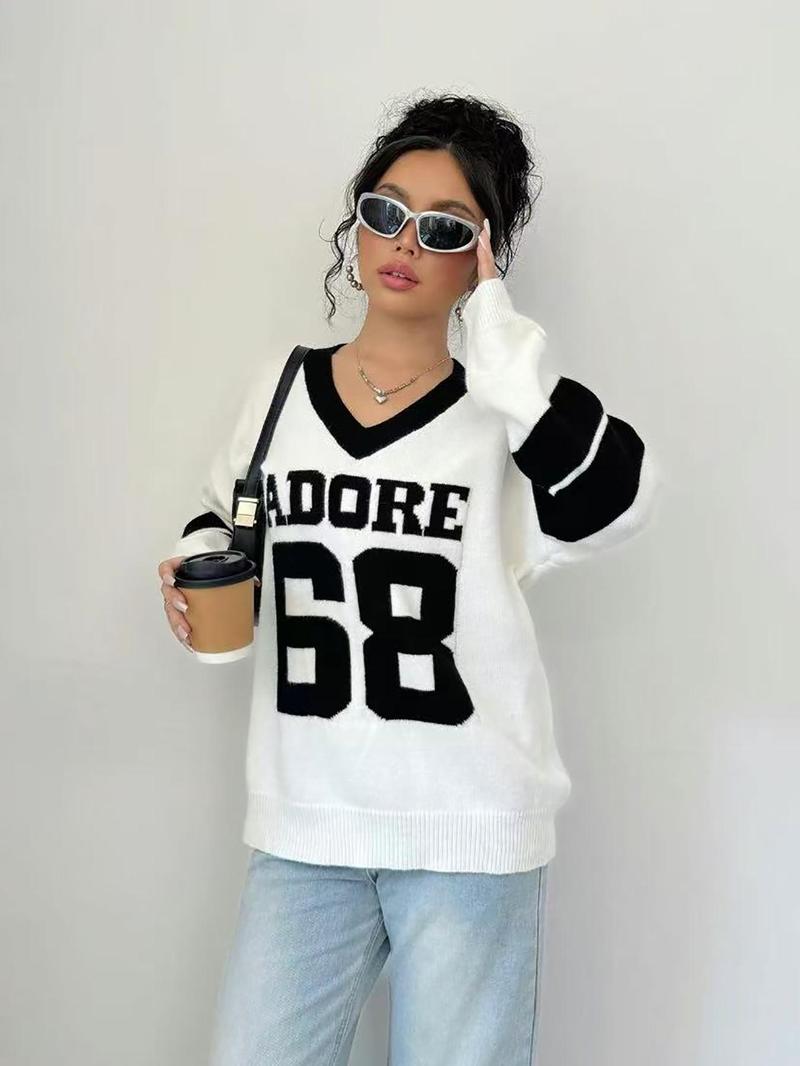 Autumn Winter Color Block V Neck Sweater for Women, Casual Loose Knitwear with Letter Design, Trendy Streetwear, Comfortable Long Sleeve Sweatshirt