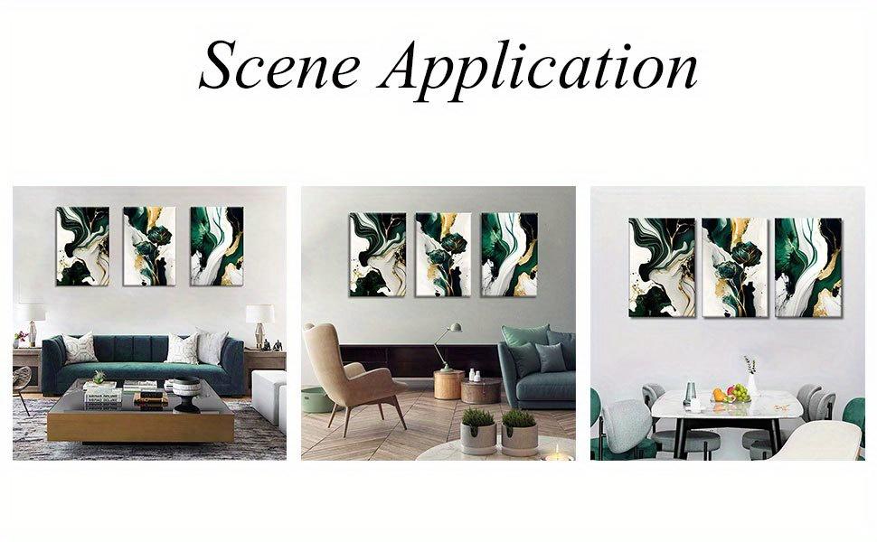 3Pcs Framed Emerald Green Wall Art, Modern Green and Golden Abstract Marble Canvas Wall Art Paintings Prints Posters Wall Decor Pictures for Living Room Bedroom Office Home Decoration, Ready to Hang
