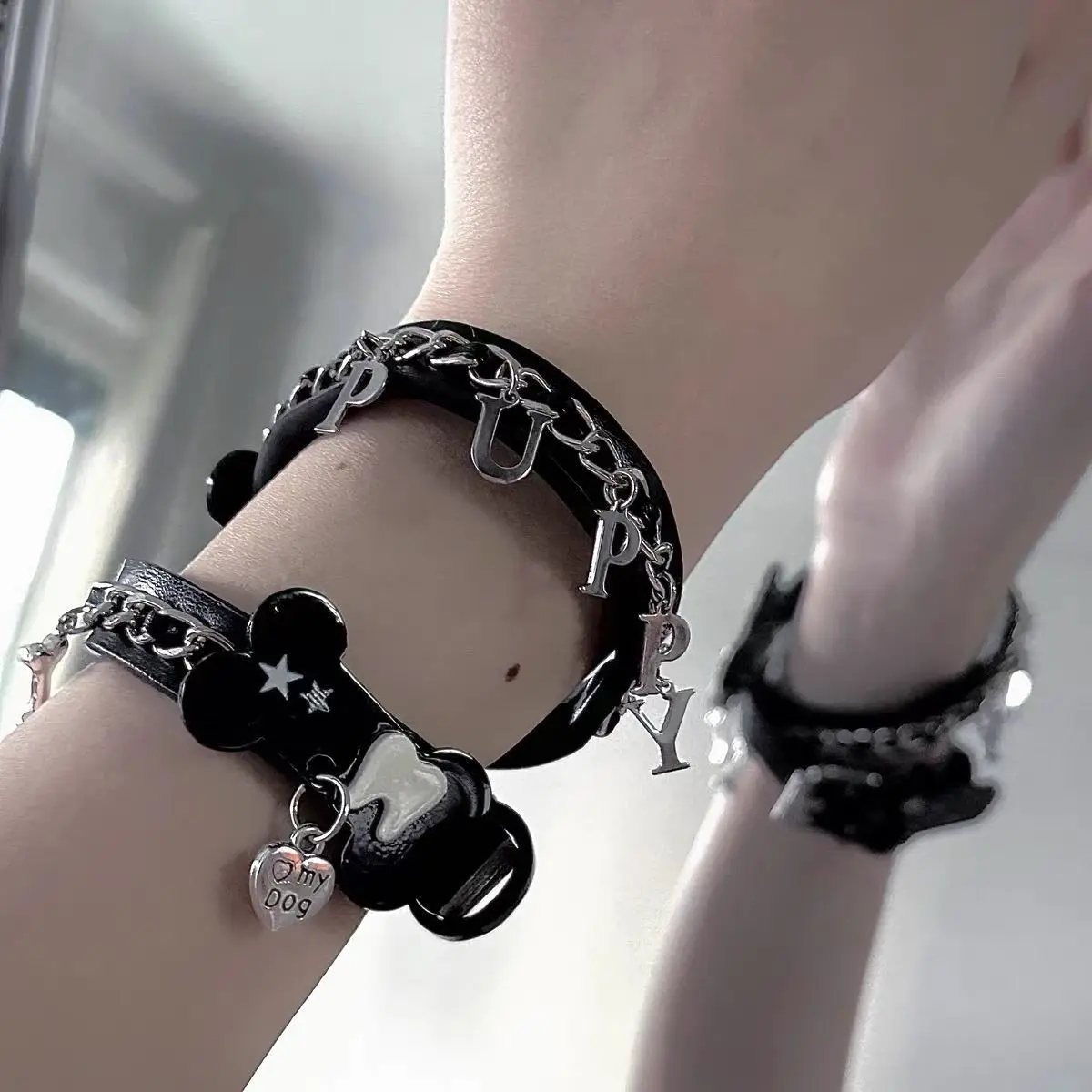 Unisex Dark Punk Convertible Choker-Bangle, Emo Jewelry with Skull Bone Motifs, Distressed Finish Fashion Cool Costume Accessory
