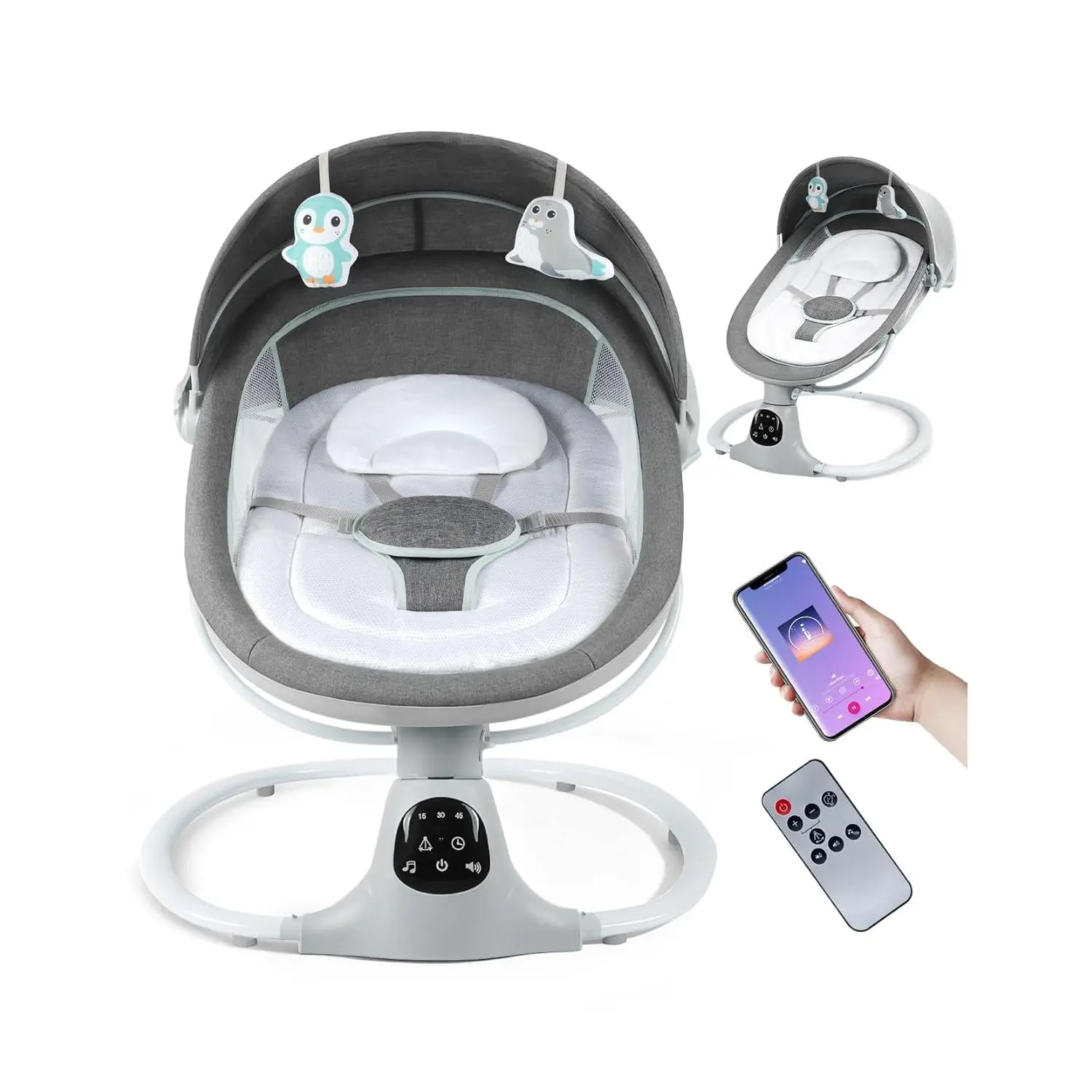 Electric Baby Swing  Infants to Toddler, 0-9 Months Portable Swing Rocker 5 Sway Speed, Bluetooth,12 Preset Lullabies with Remote Control, Infant Swing  Baby Boys & Girls, Grey