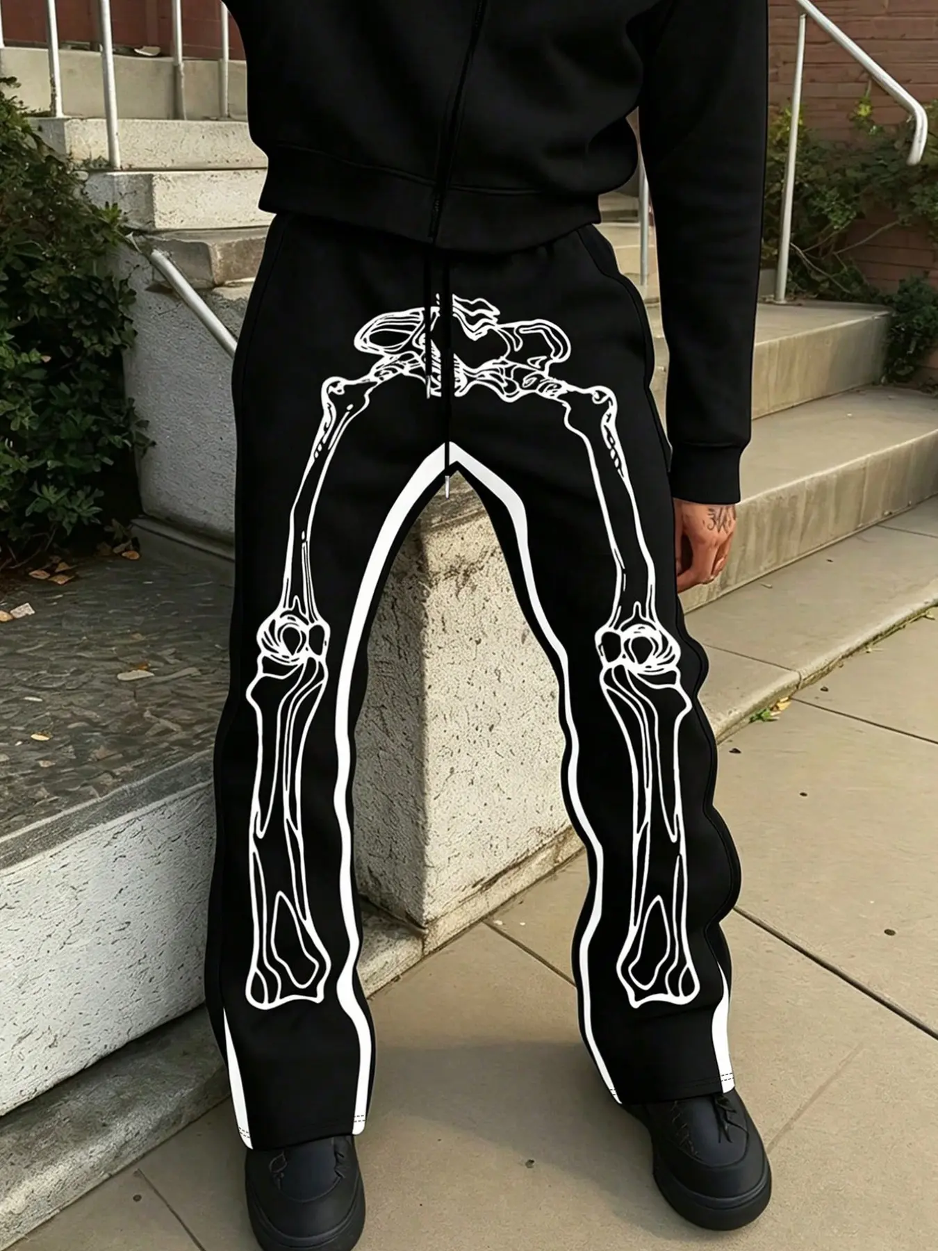 American High Street Skull Line Bell Bottom Sweatpants, Loose Fit Casual Wide Leg Pants, Ankle Length Drawstring Waist