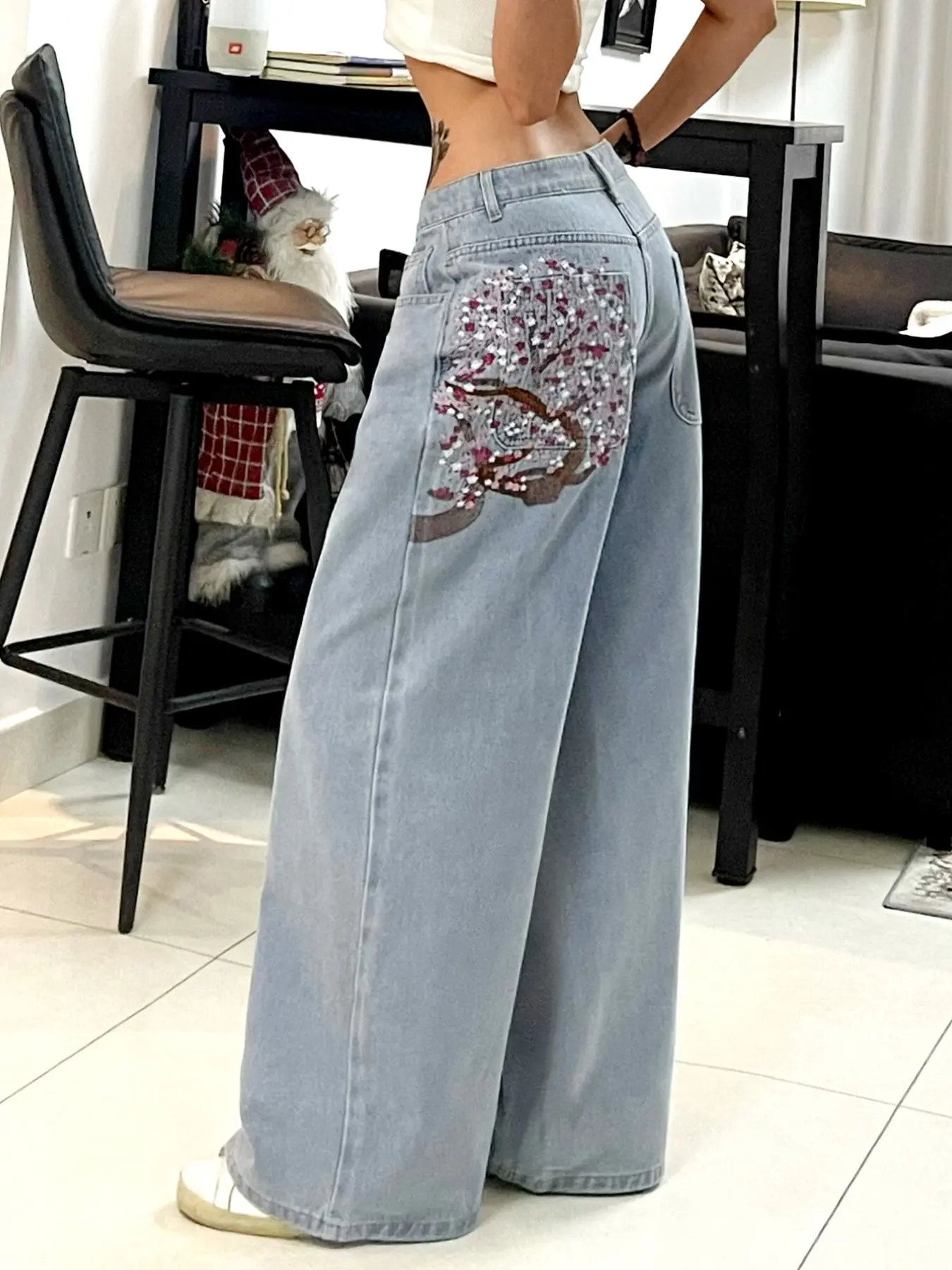 Vintage Cherry Blossom Embroidered Jeans for Women, Light Blue Washed Oversized Loose Fit Straight Leg Pants, Fashion Streetwear Long Trousers