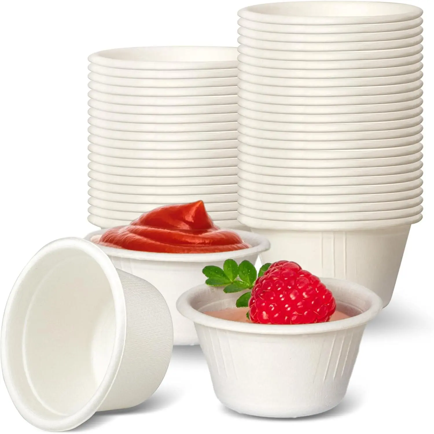 [100 Pack] 2 Oz Compostable Disposable Condiment & Sample Cups,  Bagasse Fiber Souffle Portion Cups,  Microwave Safe