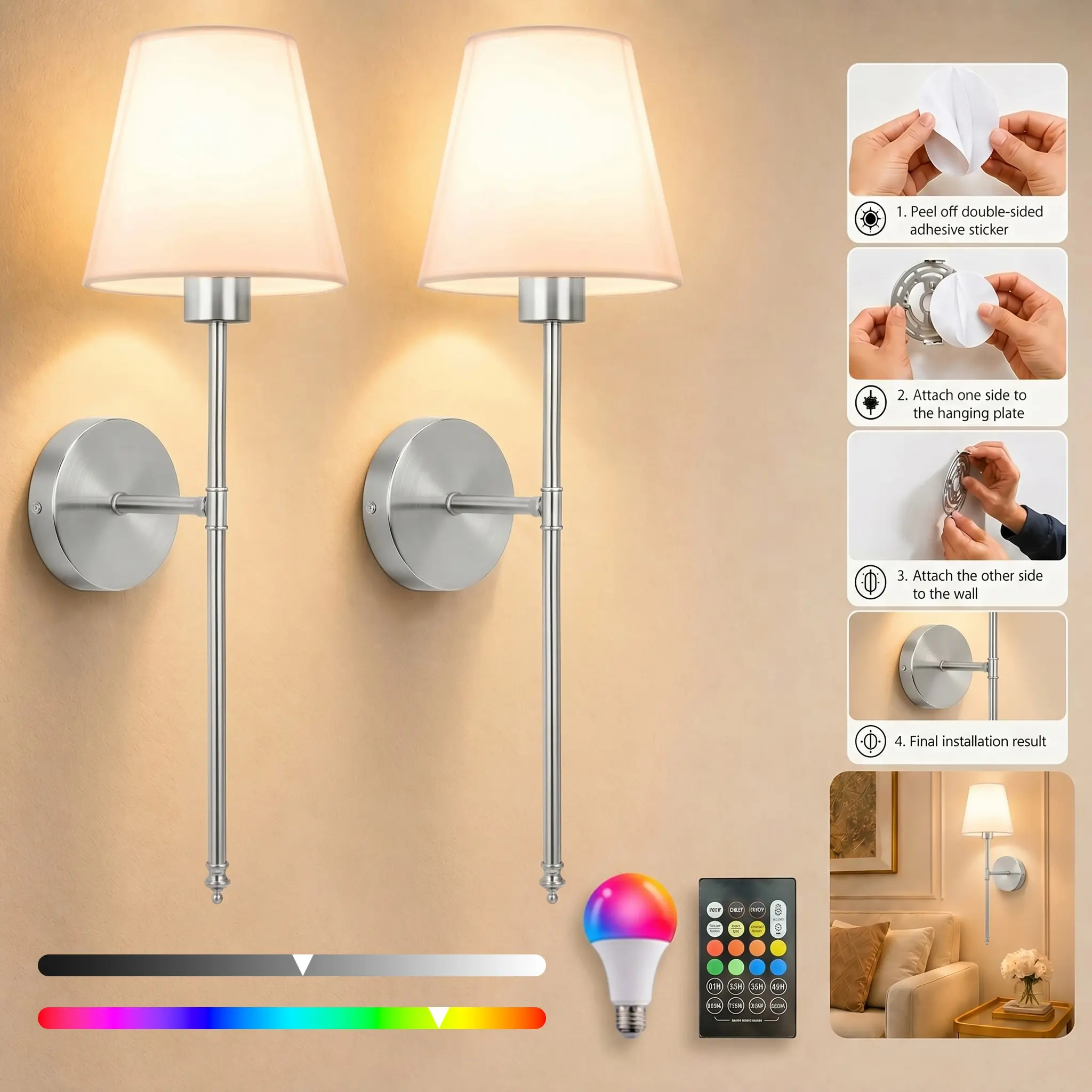 2 Pcs Rechargeable Wall Lights, Adhesive Mounting, Retro Decorative Wall Lamps, 2000mAh Battery, Remote-Controlled Dimmable RGB Light, for Living Rooms, Bedrooms, Bedside Tables & Indoor Home Wall Lighting