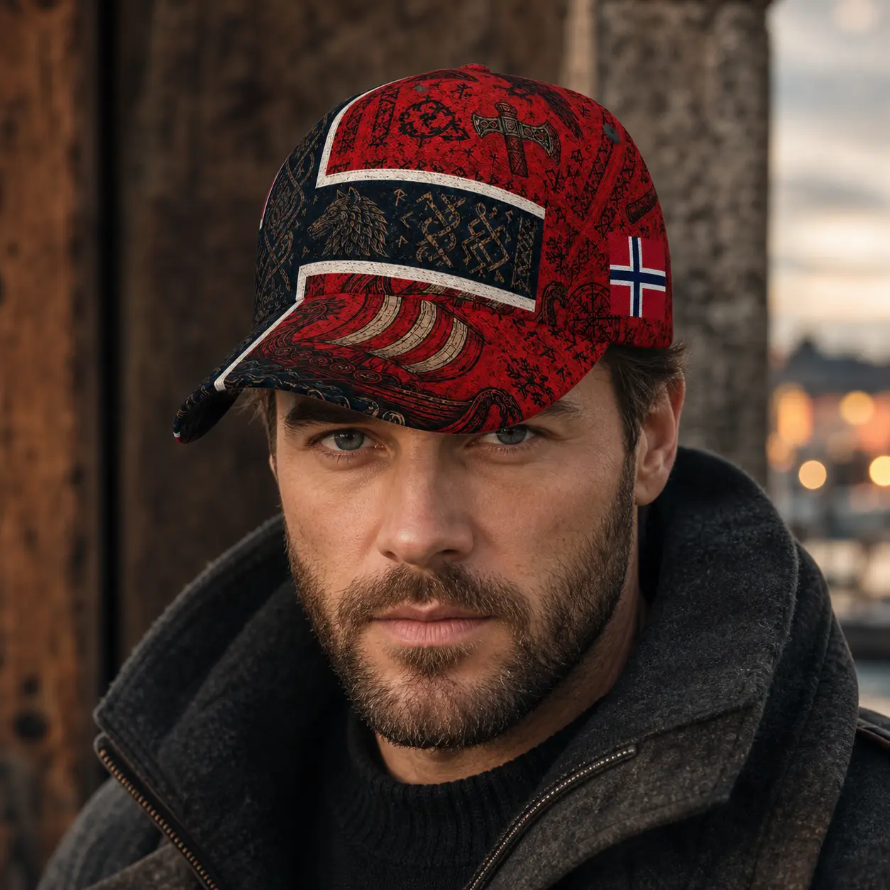 Norway Viking Baseball Cap, Red and Navy Nordic Norse Graphic Print Hat with Norwegian Flag, Viking Ship, Wolf, Axe and Runes Design, Curved Brim Casual Cap for Men and Women, Scandinavian Heritage Headwear for Travel, Festivals, Streetwear and Gifts