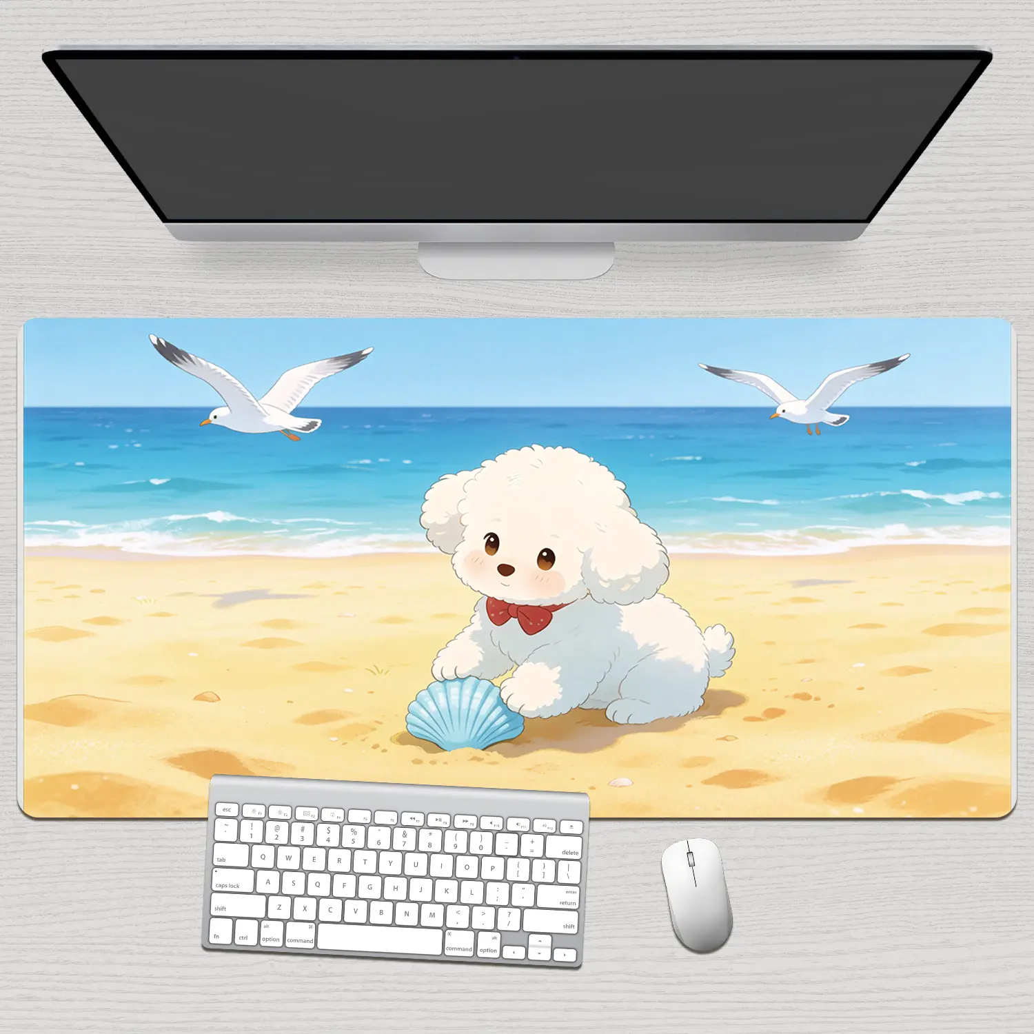 Premium White Fluffy Puppy With Red Bow And Seashell On Sunny Beach Illustration High Quality Mouse PadModern Office Gaming Comfort ExperienceNon?Slip Durable For Daily Work And Play 40*80cm 40*90cm30*70cm