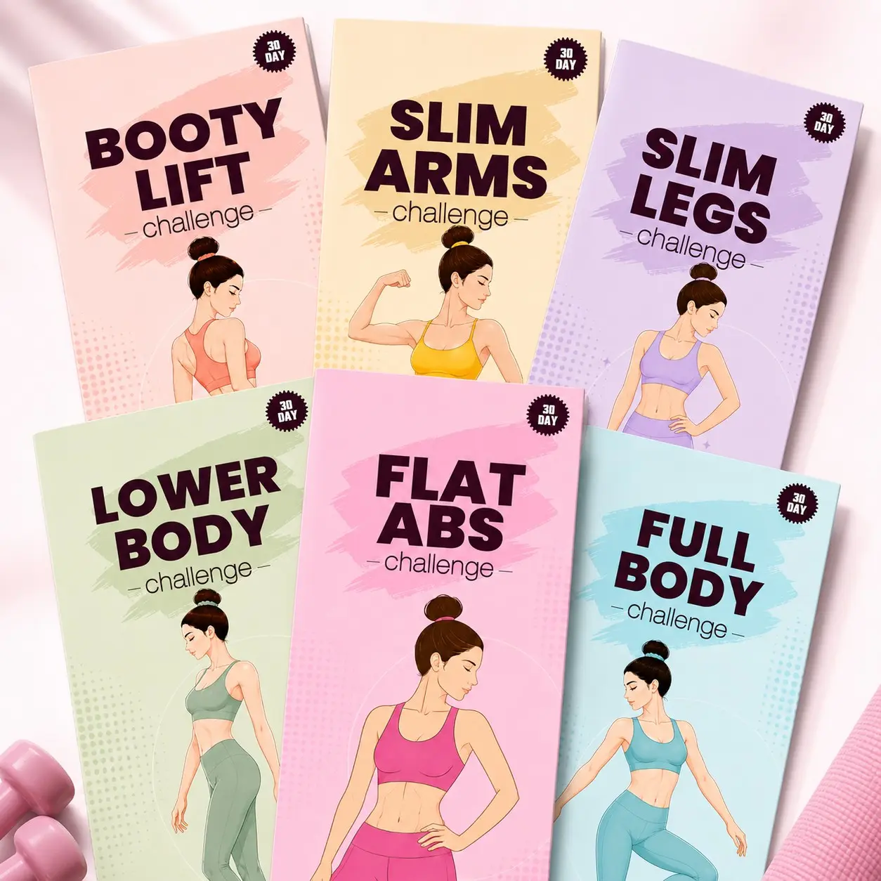6pcs 30 Day Fitness Challenge Bundle - 6 Tri-Fold Workout Charts with Daily Progress Tracker, Flat Abs, Slim Legs, Slim Arms, Booty Lift, Lower Body & Full Body Challenges, Home Exercise Guide, Habit Tracker, Progressive Training Plan