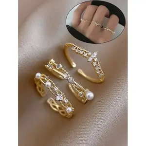 3pcs Women's Adjustable Ring Set with Zirconia-Style Stones and Faux Pearl, Copper Rings marquise engagement birthstone