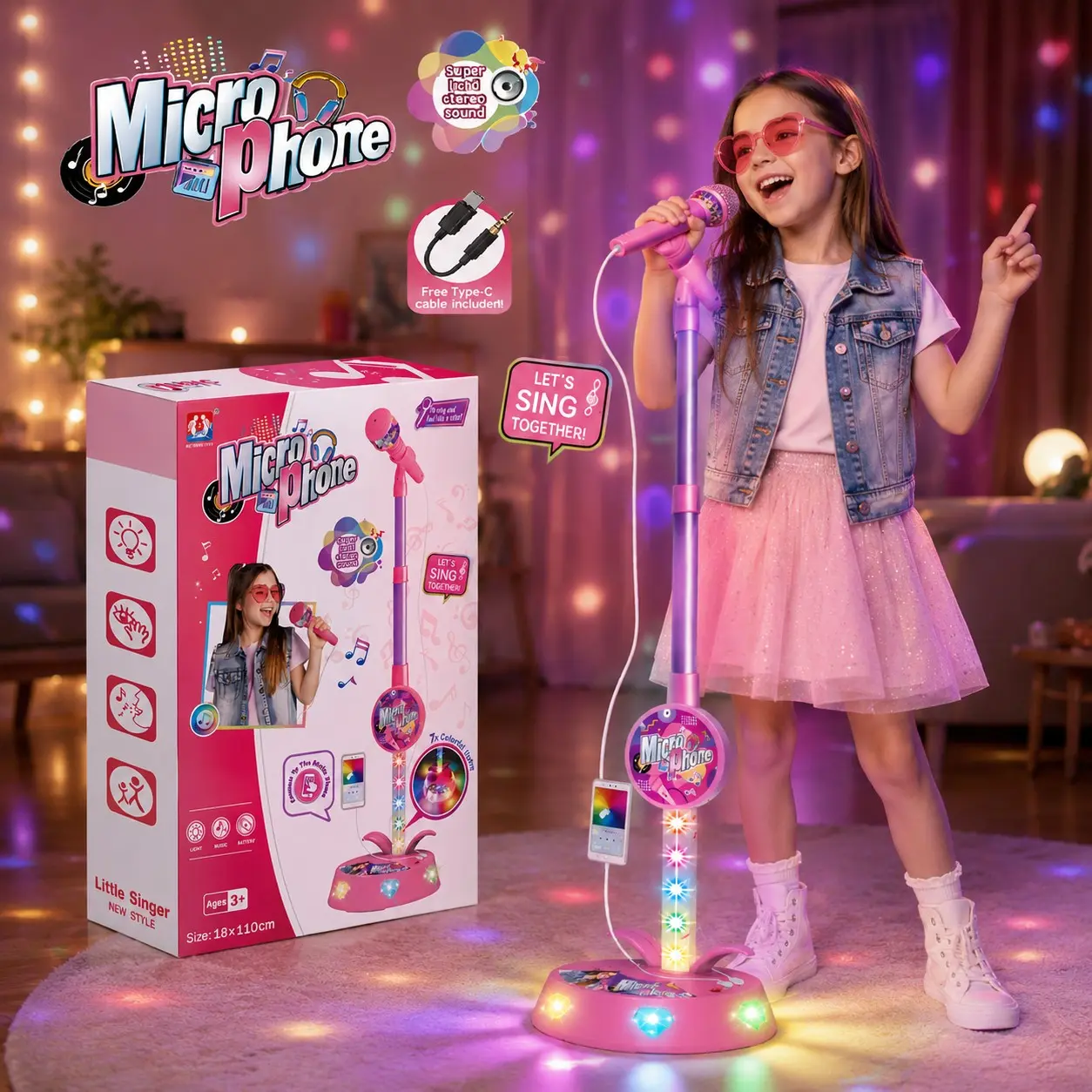 Standing Karaoke Machine, Flashing Stage Lights, Adjustable Stand Height, Sing and Play Songs, Gift for Kids Aged 3+
