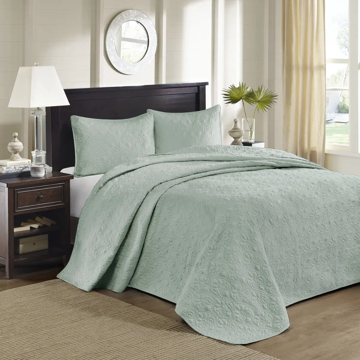 Nokaa Reversible Bedspread Set Twin Size 2-Piece Quilted Bedding Coverlet with Pillow Sham, Seafoam Cotton, Lightweight All-Season Bed Cover for Bedroom Guest Room Dorm