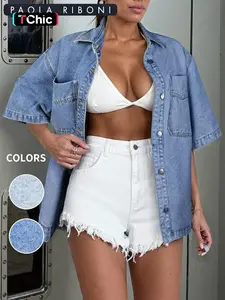 Women's Denim Shirt Jacket Short Sleeve Loose Version, Stylish Casual Outerwear, Perfect for Daily Wear, Comfortable and Trendy Design, Coats