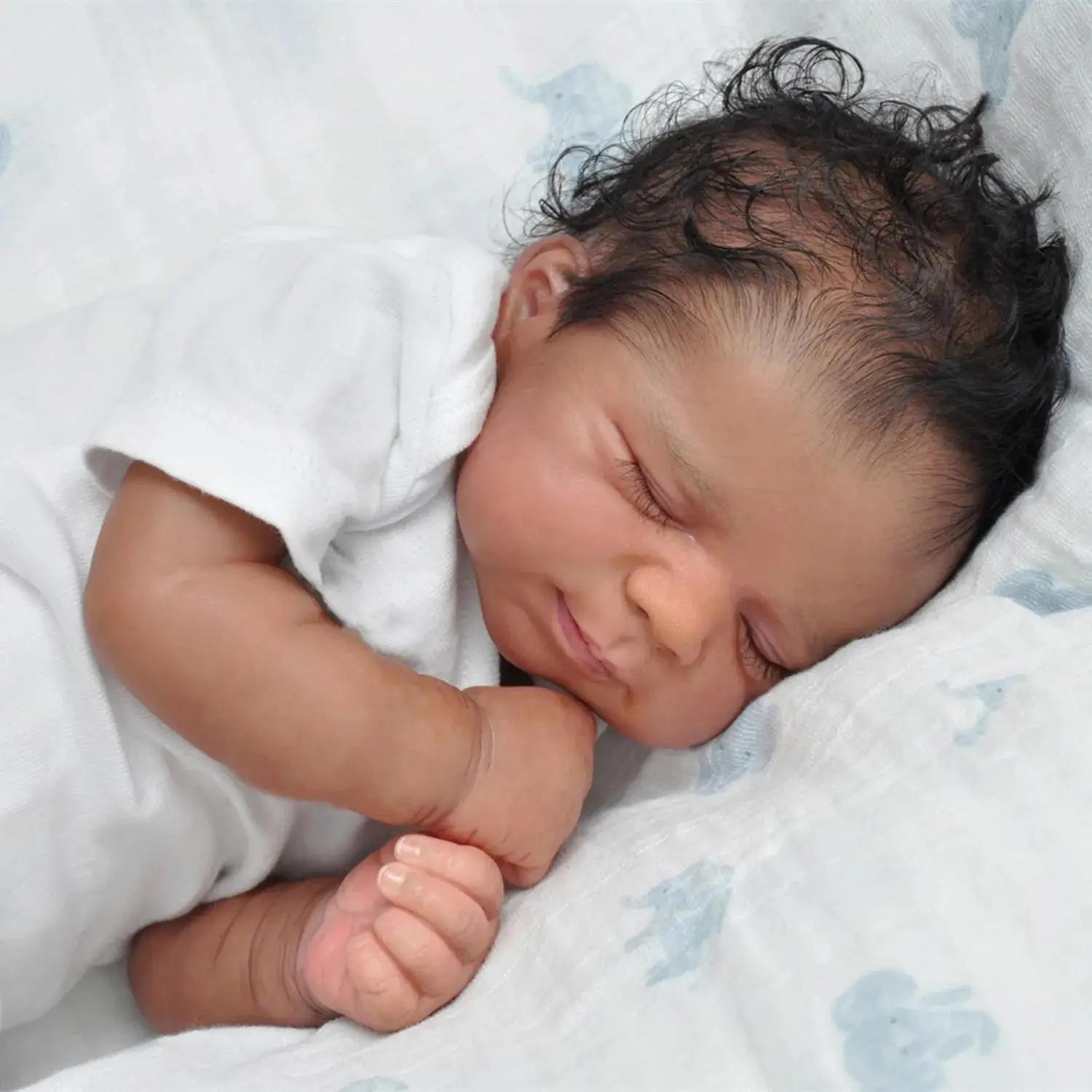 19 Inch Realistic Reborn Baby Doll, Lifelike Realistic Newborn, Gorgeous Doll, Reborn Doll Baby Dolls, Soft Vinyl Black Skin Sleeping Doll with Short Sleeve Crawling Clothes, Birthday Gift for Kids