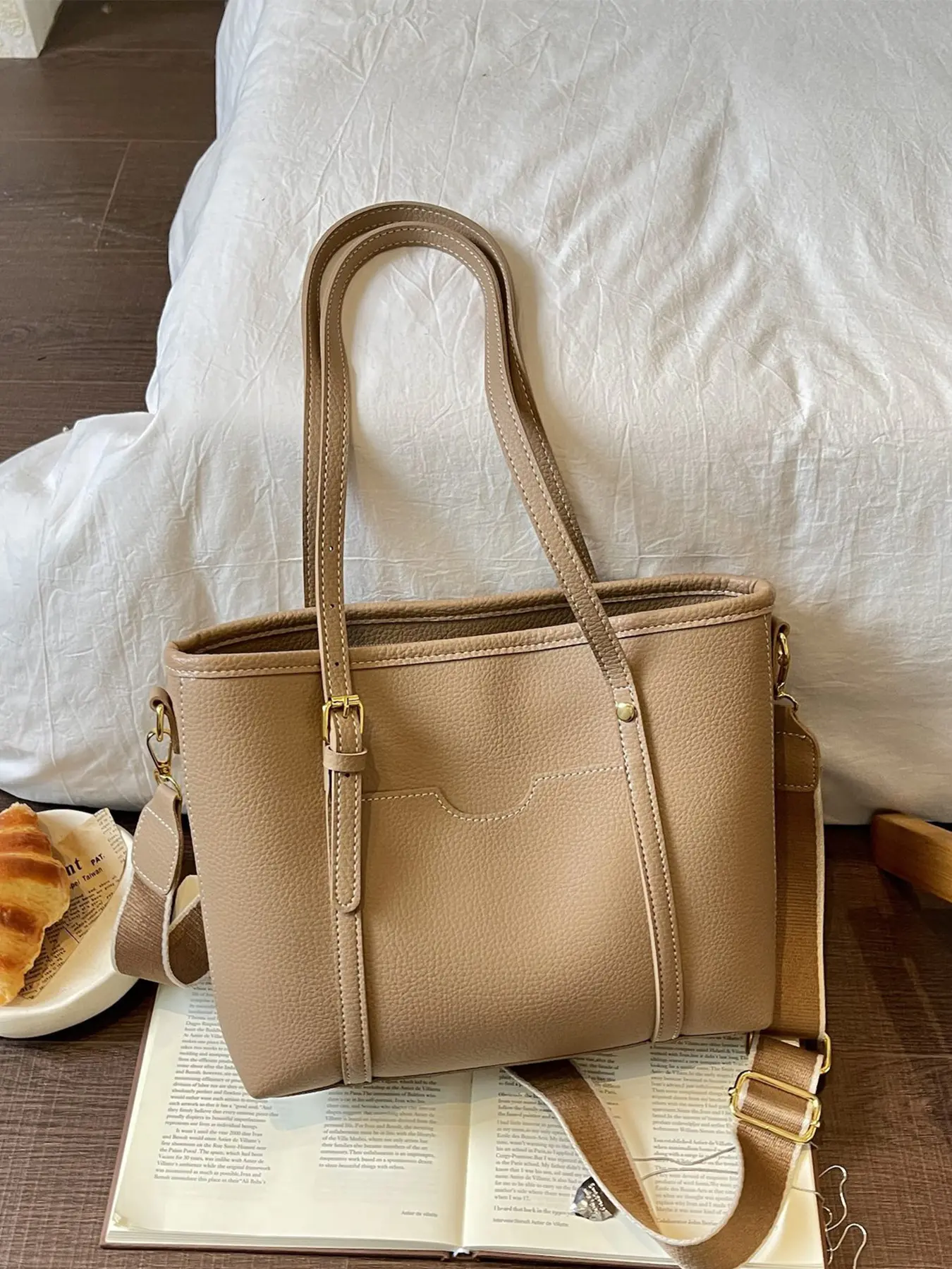 1 Piece Khaki Grain Tote Handbag Adjustable Shoulder Straps Detachable Cross Strap Front Pocket Medium Storage Shoulder Bag For Women Outdoor Walking Short Trip Daily Errands