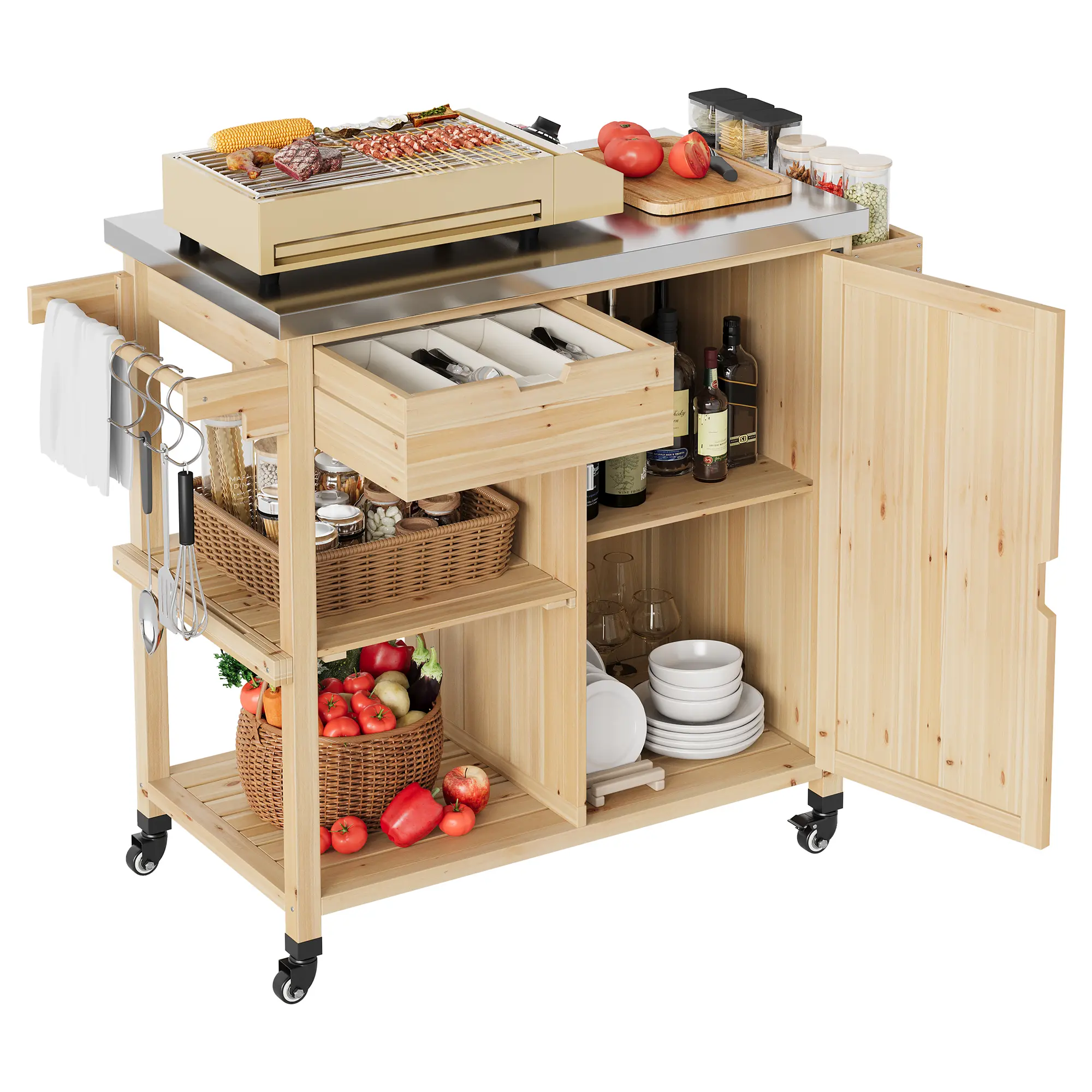 Mobile Outdoor Grill Cart with Stainless Steel Top, Heavy Duty Rolling BBQ Station with Storage Cabinet & Spice Rack for Patio