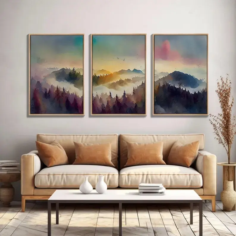Dramatic Colorful Watercolor Sunset Landscape Abstract, Landscape Art, 3 Piece Canvas Decor, 3 Piece Wall Art, Ready To Hang Canvas Prints