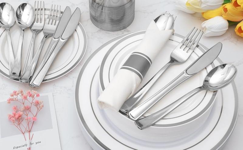 Goodluck 700 Piece Silver Plastic Dinnerware Set for 100 Guests, Disposable Plates for Party, Include: 100 Dinner Plates, 100 Dessert Plates, 100 Pre Rolled Napkins with Silverware, 100 Cups