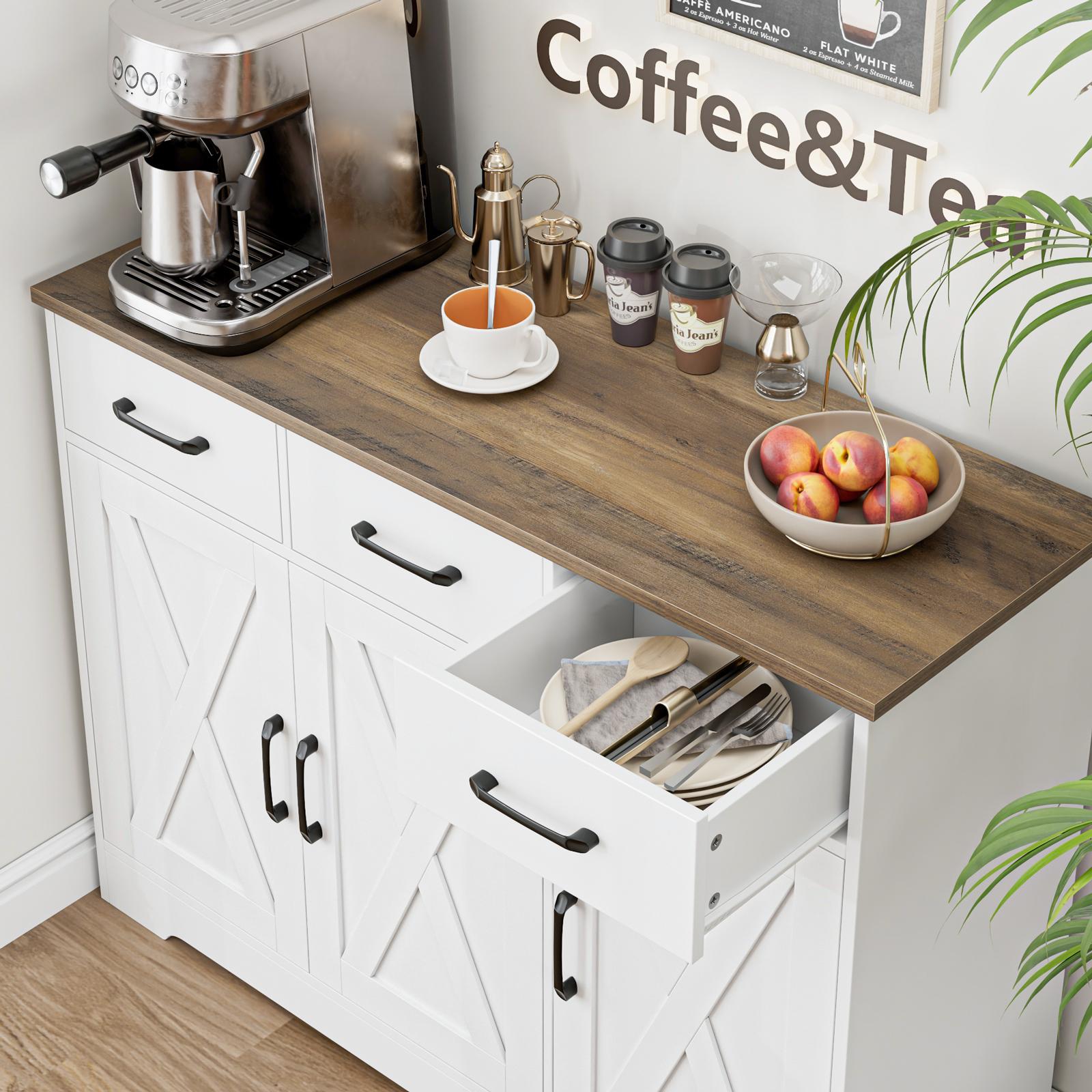 HOSTACK Modern Farmhouse Sideboard Buffet Cabinet, Barn Doors Buffet Storage Cabinet with Drawers and Shelves, Wood Coffee Bar Cabinet with Storage for Kitchen, Dining Room