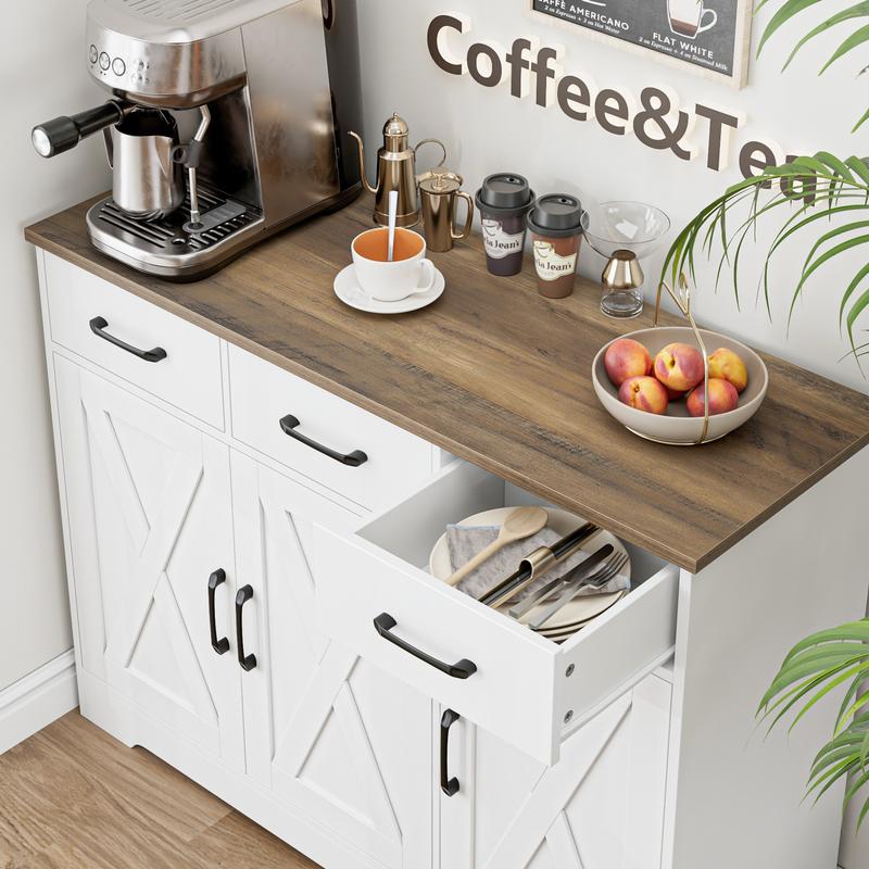 HOSTACK Modern Farmhouse Sideboard Buffet Cabinet, Barn Doors Buffet Storage Cabinet with Drawers and Shelves, Wood Coffee Bar Cabinet with Storage for Kitchen, Dining Room