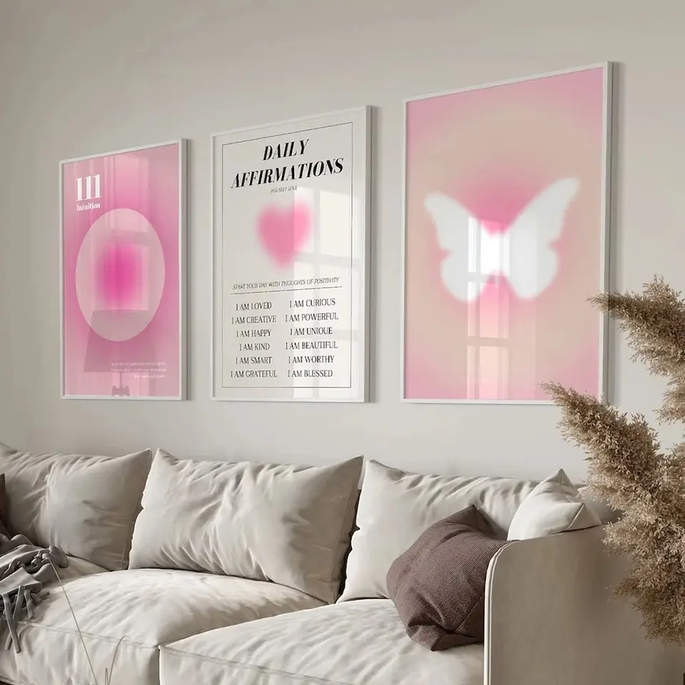 3PCS-Abstract Aura Gradient Poster Daily Affirmation Spiritual Pink Wall Art Butterfly Canvas Painting Picture Aesthetics Room Decor  frameless