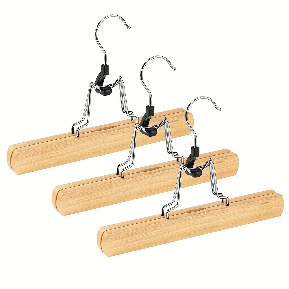 3 Packs Wooden Pants Hangers with Clips Non Slip Skirt Hangers Trouser Clamp Hanger Wood Hanger, Wrinkle Free Clamp Closet Organizer