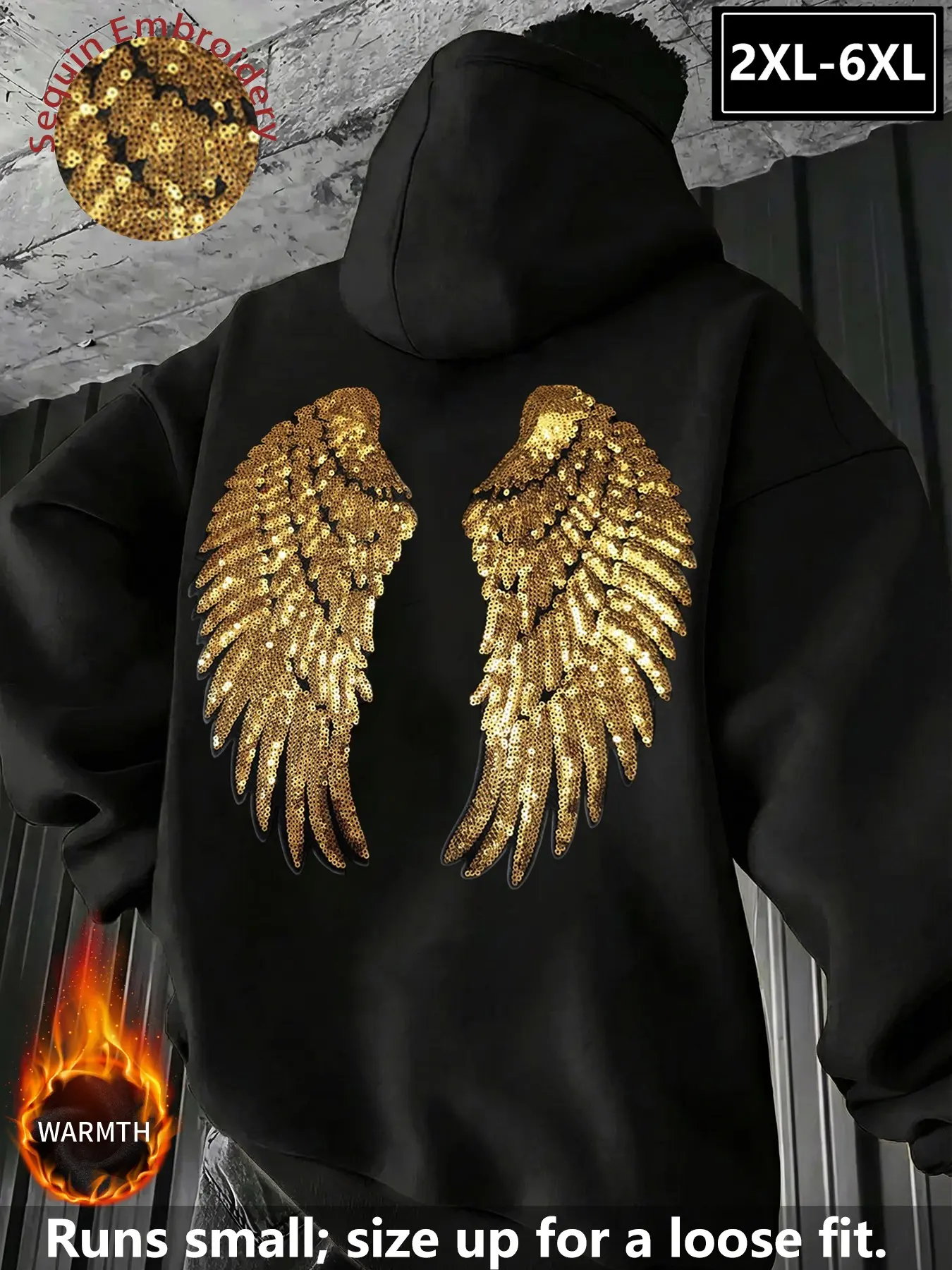 Large Size Men's Wing Sequin Embroidered Warm Hooded Sweatshirt, Loose Fit Fleece Lined Hoodie, Versatile Streetwear 2xl-6xl