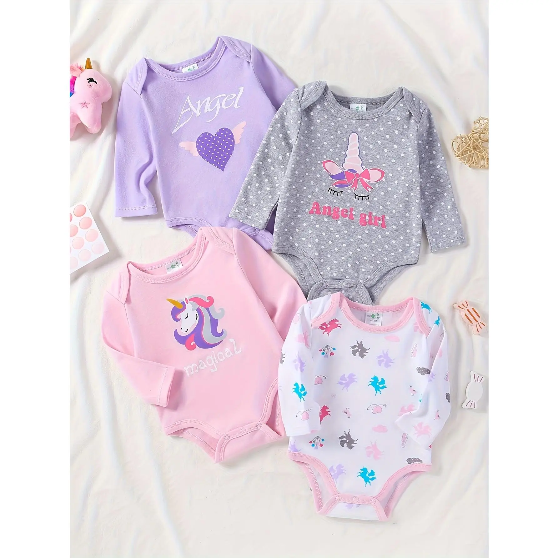 4-Pack Pure Cotton Jumpsuit Set for Baby & Toddler Girls, Long Sleeves Bodysuits with Unicorn & Angel Cartoon Print, Cartoon Theme, Set Pack, Unicorn Print