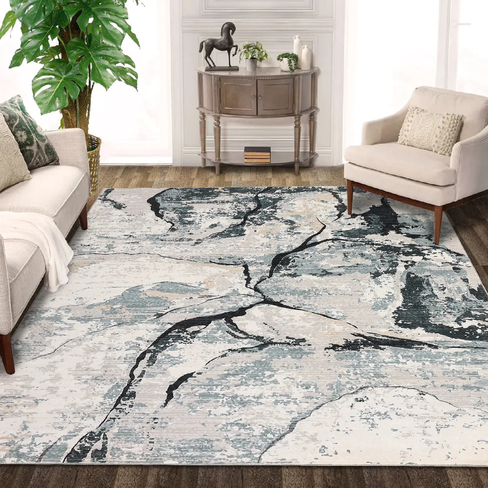 Ultra-Soft Washable Modern Abstract Area Rug – Non-Slip, Low Pile Carpet for Living Room, Bedroom, Dining Room – collapsible, Easy Care, Contemporary Home Decor Mat