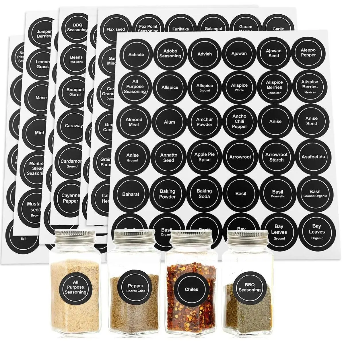 432 Pcs 1.4" Round Waterproof Spice Labels Stickers - Preprinted & Blank Adhesive Tear-Resistant Labels for Kitchen Jars, Caps, Food Containers and Spice Organizers