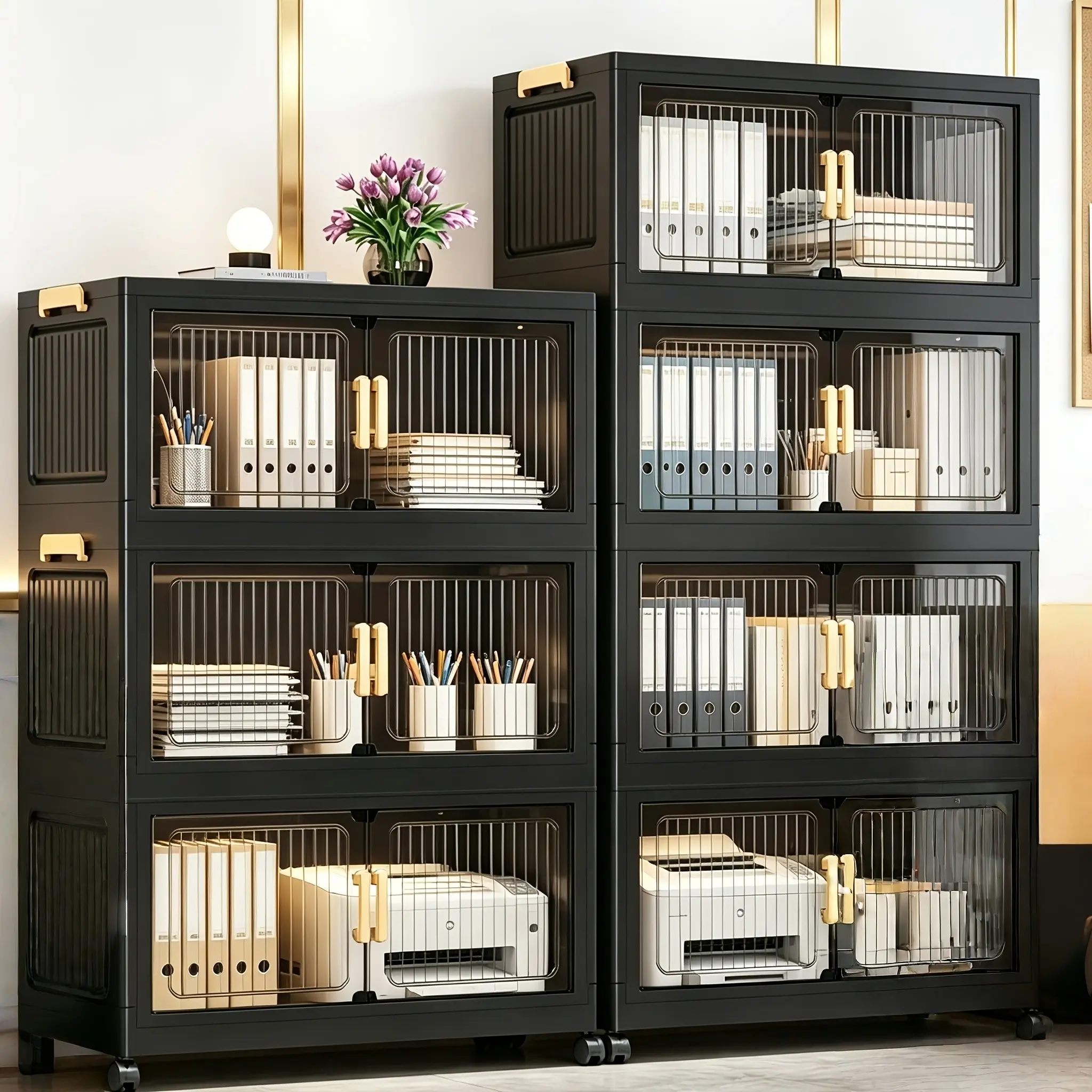 Large Capacity Folding Storage Cabinet, No Assembly Required Freestanding Slim Gap Organizer With Wheels & Magnetic Double Doors Multi-Layer Modular Storage Shelf Portable Organizer For Office Living Room Kitchen Bathroom Home Sundries & File Storage