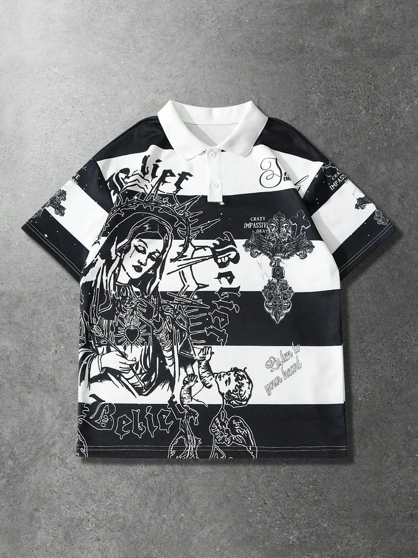 Men's Polo Shirt Y2K Gothic Virgin Mary Cross Graphic Printed Striped Short Sleeve Lapel Collar Loose Fit Streetwear Top