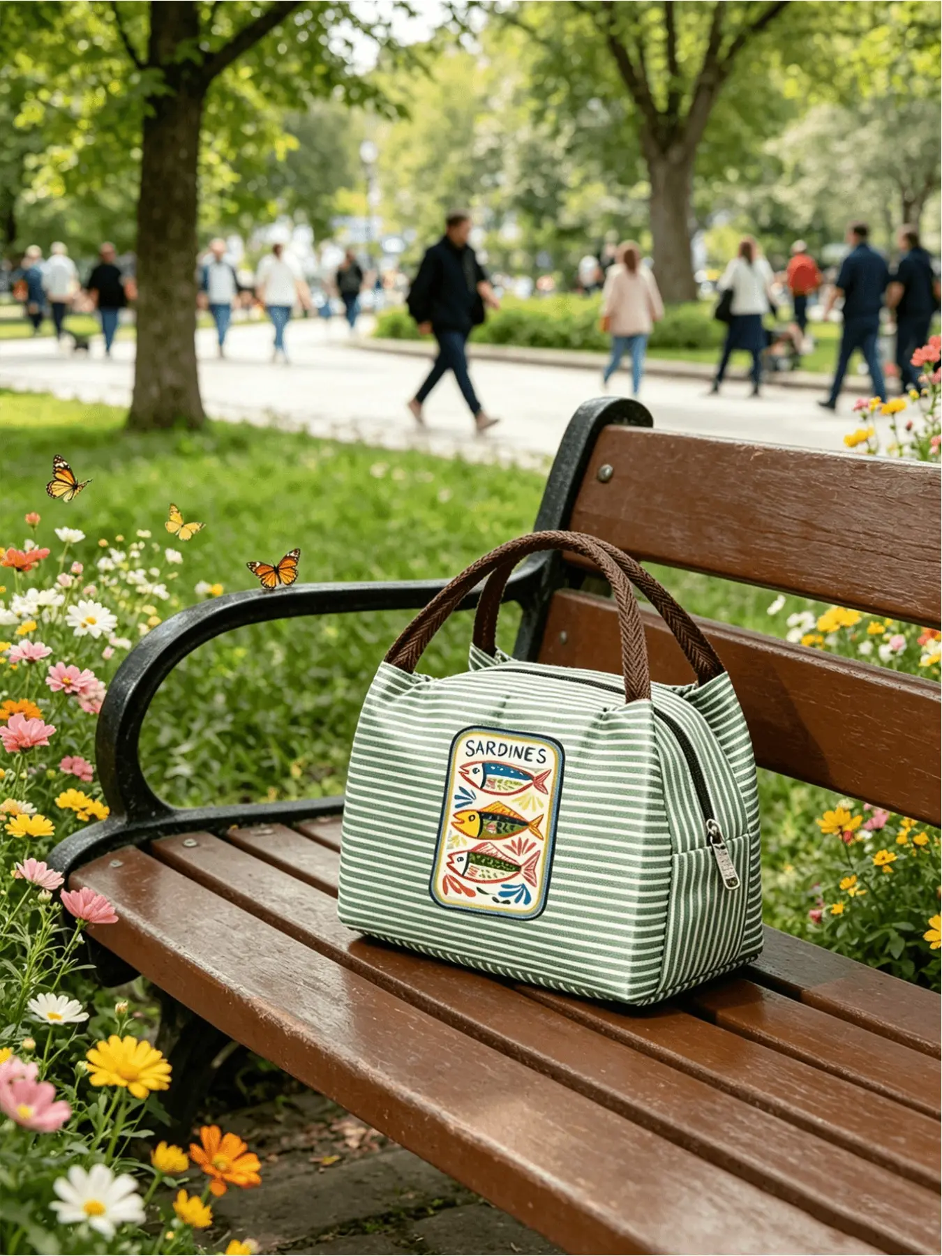 Cute Sardine Striped Lunch Bag, Unisex Design, Lightweight Japanese Lazy-Style Handbag with Simple Handle, Color-Block Art Canvas Thermal Cooler Tote, Essential for Commute, School, Shopping, Travel & Summer