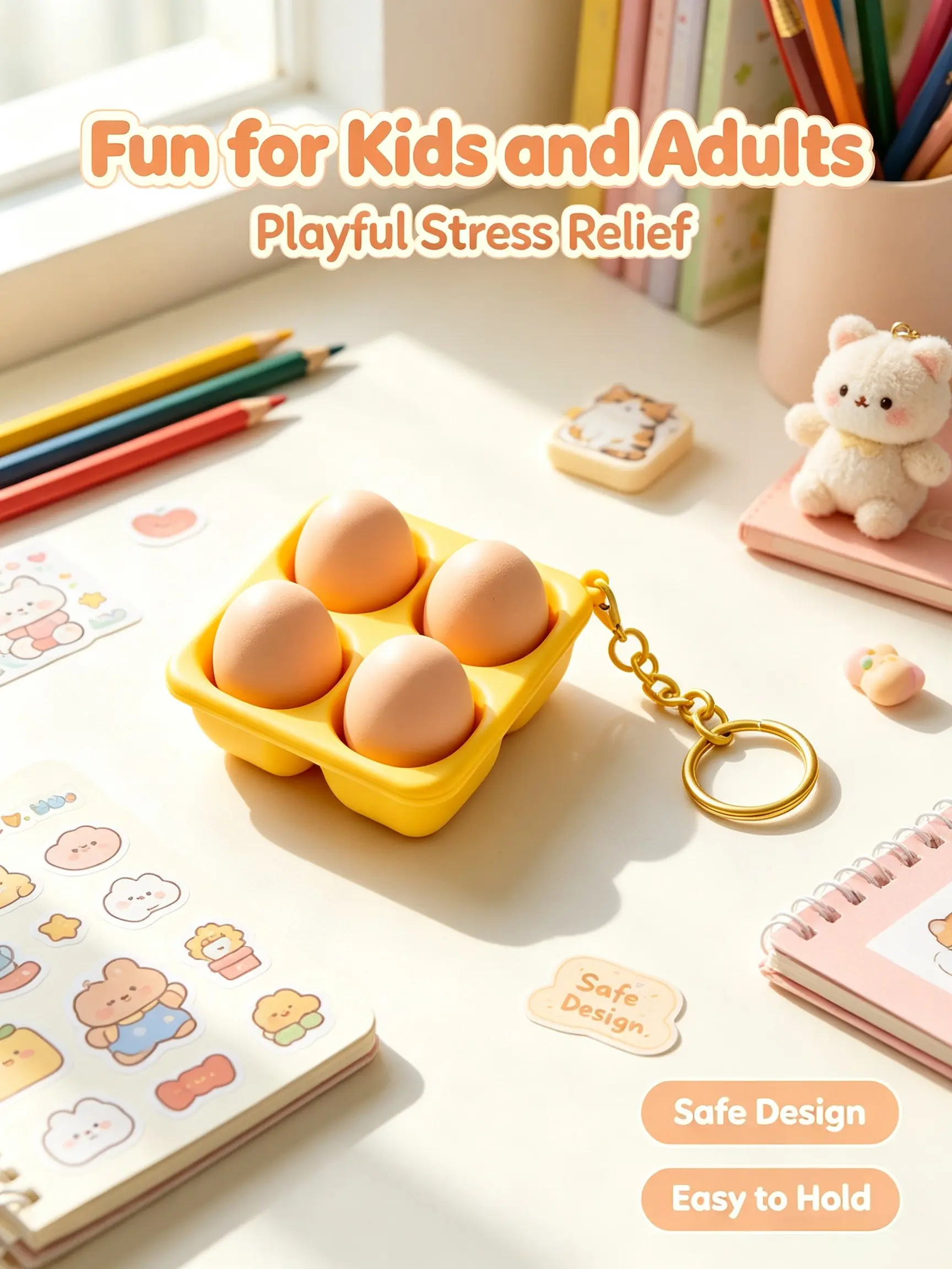Egg Four-Button Stress Relief Keychain, Realistic Fruit Food Press Toy, Pressure Release Pendant, Finger Press Stress Reliever, Simulation Keychain