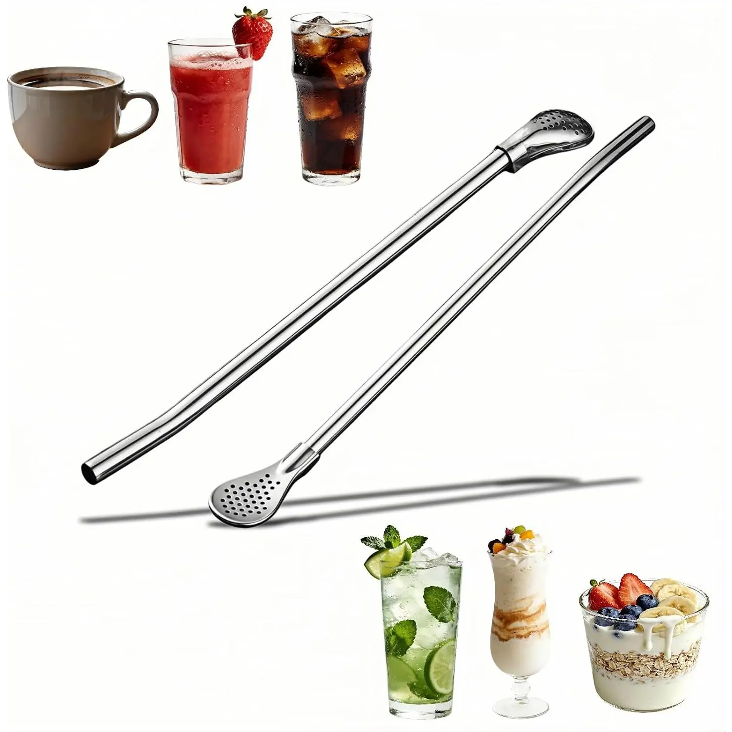 Stainless Steel Filter Straw Spoon, 2-in-1  Metal Drinking Straw with Detachable Double-Sided Filter, 9.65 Inch, 2 Pack