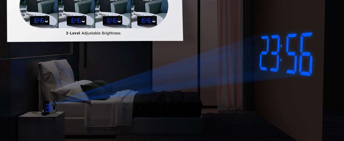 Projection Alarm Clock, Digital Clock with 180°   Rotatable Projector, 3-Level Brightness Dimmer, Clear LED Display, USB Charger, Progressive Volume, 9mins Snooze,12/24H, for Bedroom