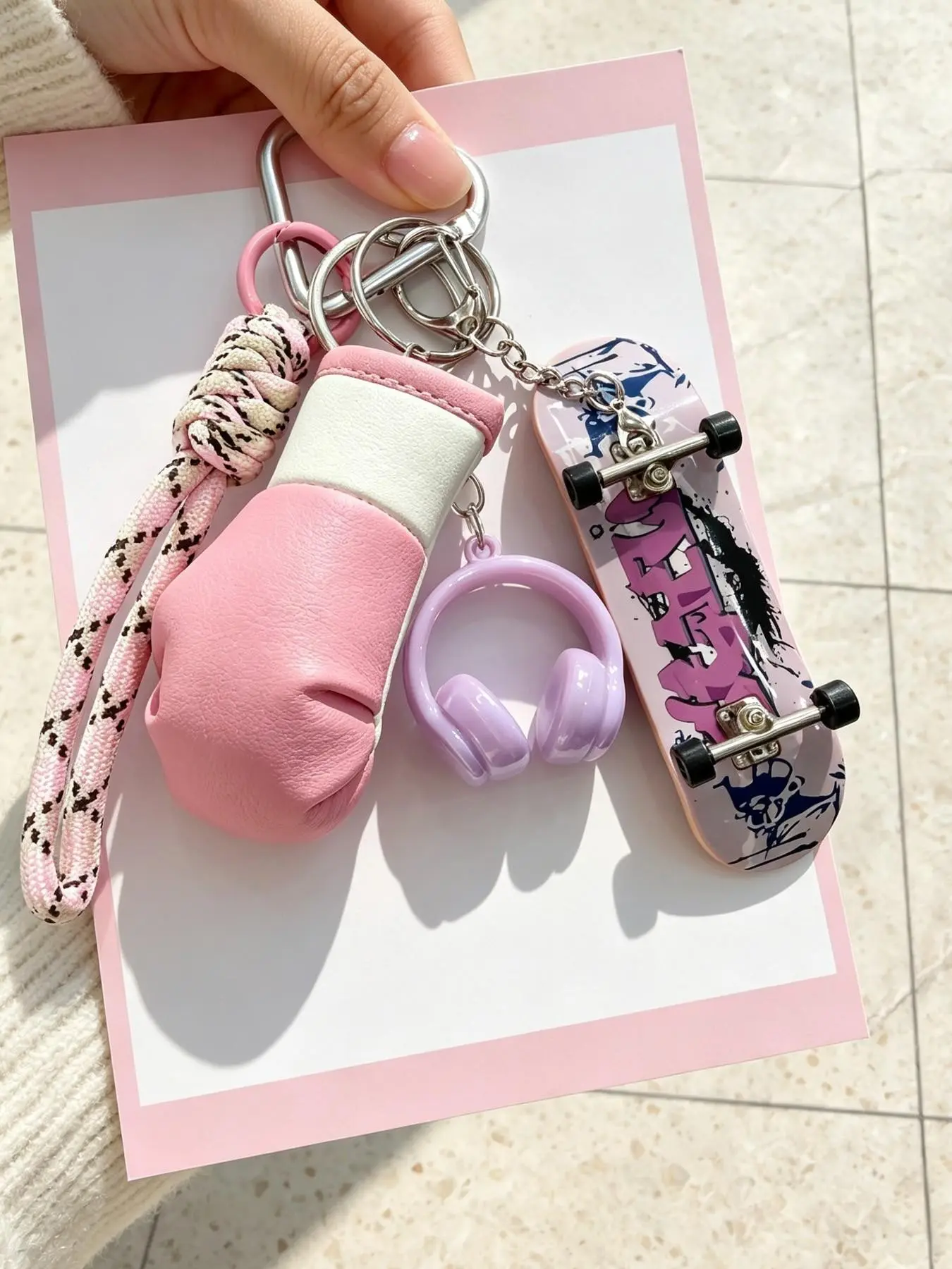 Fitness Gym Keychain, Sporty Aesthetic Boxing Glove Charm, Braided Rope Wrist Strap, Carabiner Pendant, Workout Gift for Women