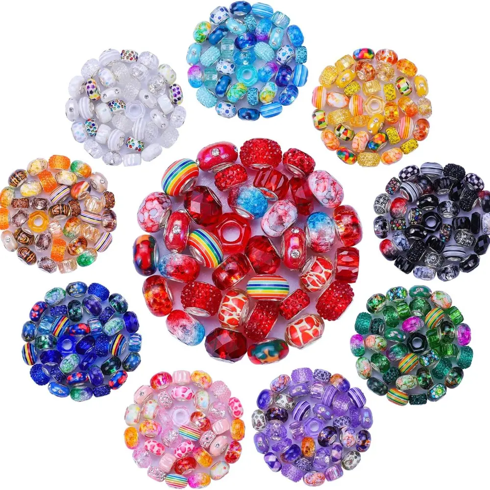 200pcs Assorted European Glass Bead Assortment Kits, Large-Hole Lampwork Spacer Beads for DIY Jewelry Craft Necklace & Bracelet Making (Mix Color Style)