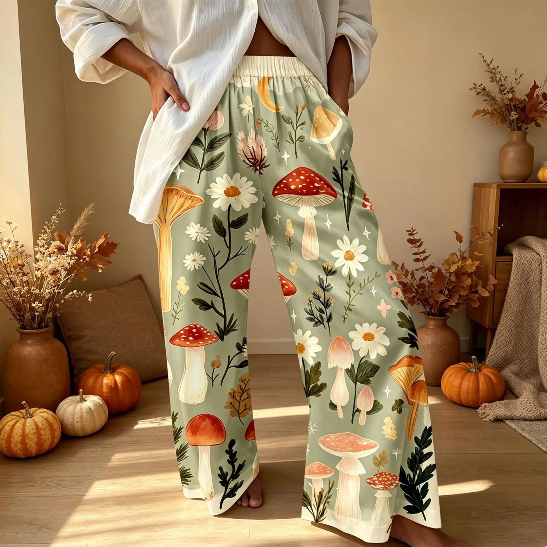 New Autumn Style Pastoral Style Mushroom and Daisy Print Satin Wide Leg Pants | Comfortable Elastic Waistband, Suitable for Wearing At Home or Out.