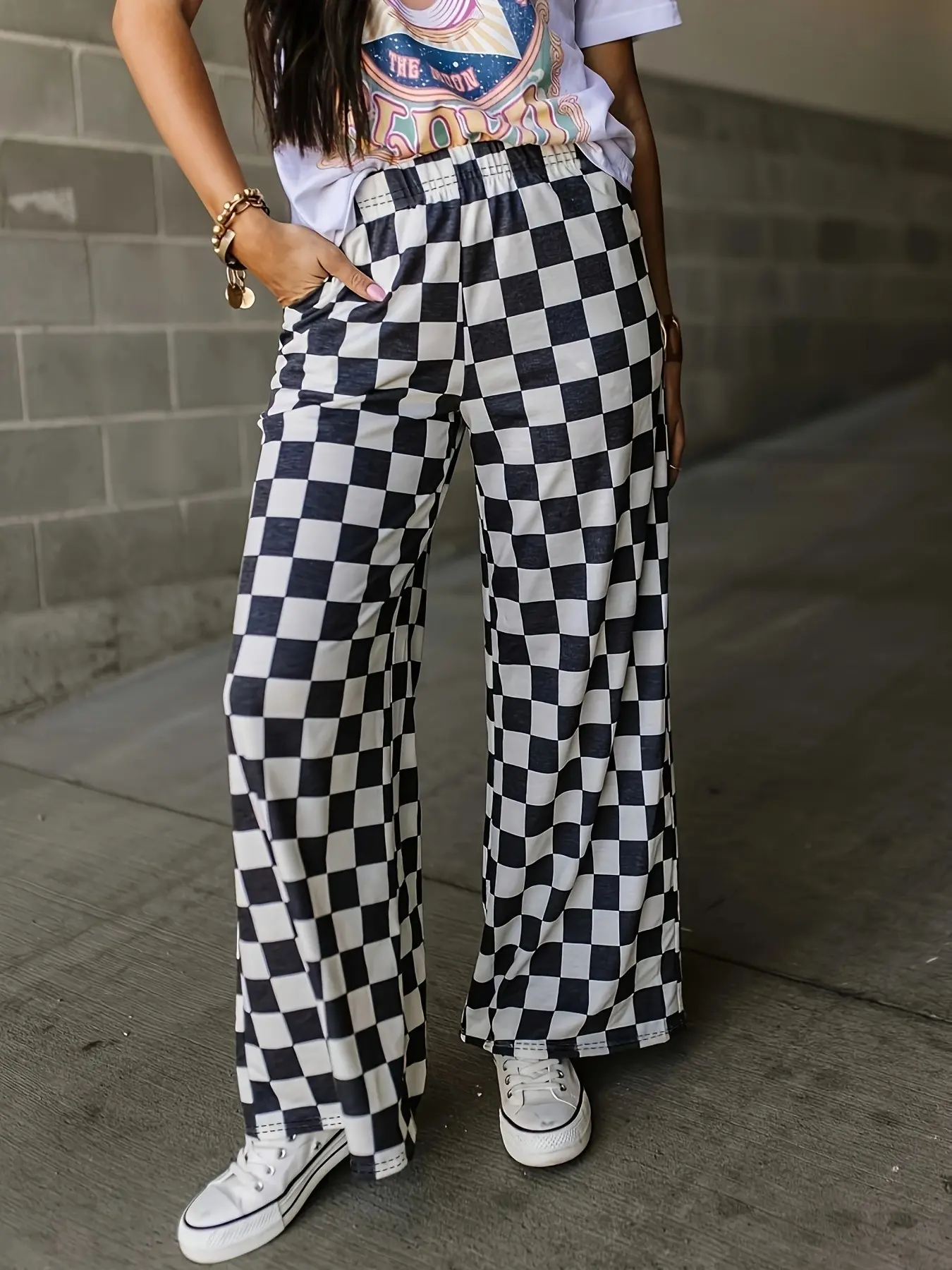 Women's Casual Straight Leg Plaid Print Wide Leg Pants, Comfortable Long Trousers for Daily Wear, Stylish and Trendy Bottoms