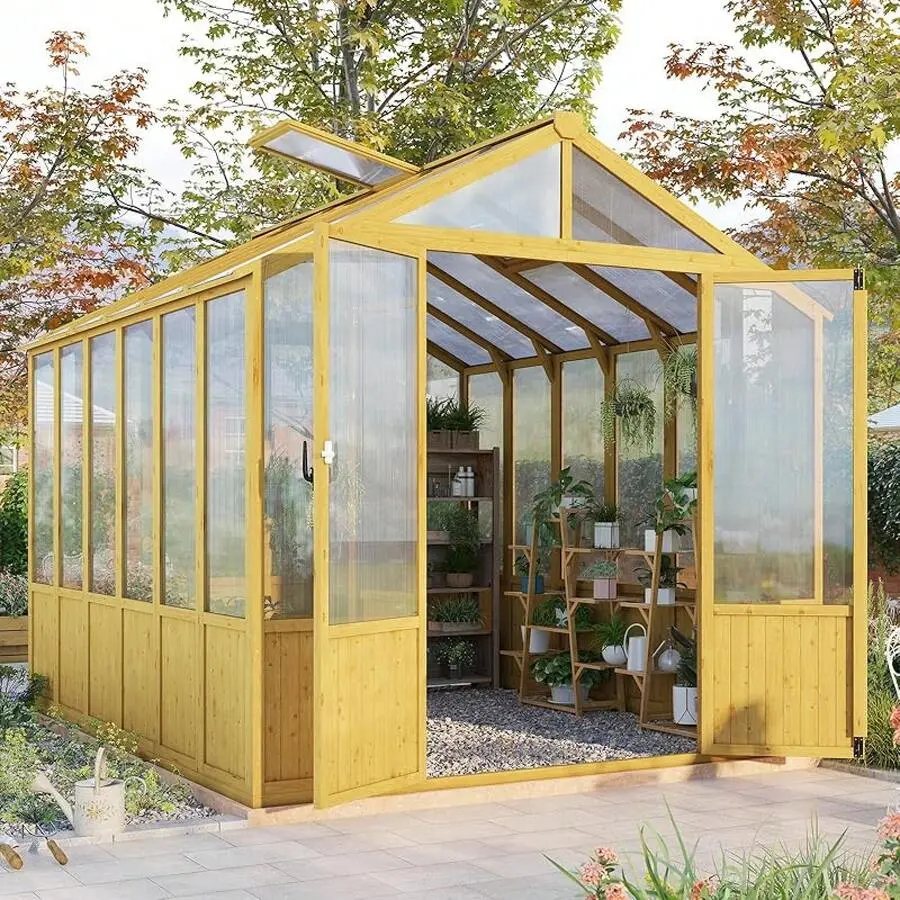 Walk-In Wooden With Solid Cedar Frame, Polycarbonate Panels, Lockable Door And Adjustable Roof Vents, Pre-Assembled Outdoor Gardening Structure