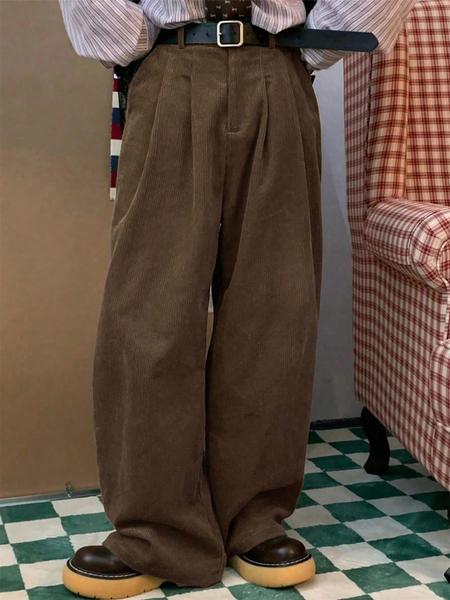 Men's Solid Color Corduroy Pants Loose Fit Straight Leg Side Pocket Casual Slant Pocket Basic Bottoms Retro Classical Ribbed Elastic Waist Micro Pleated Dress Pants Soft Easily Match Fall Winter Daily Lounge Pants Clubwear Party Outdoor Work as A Gift