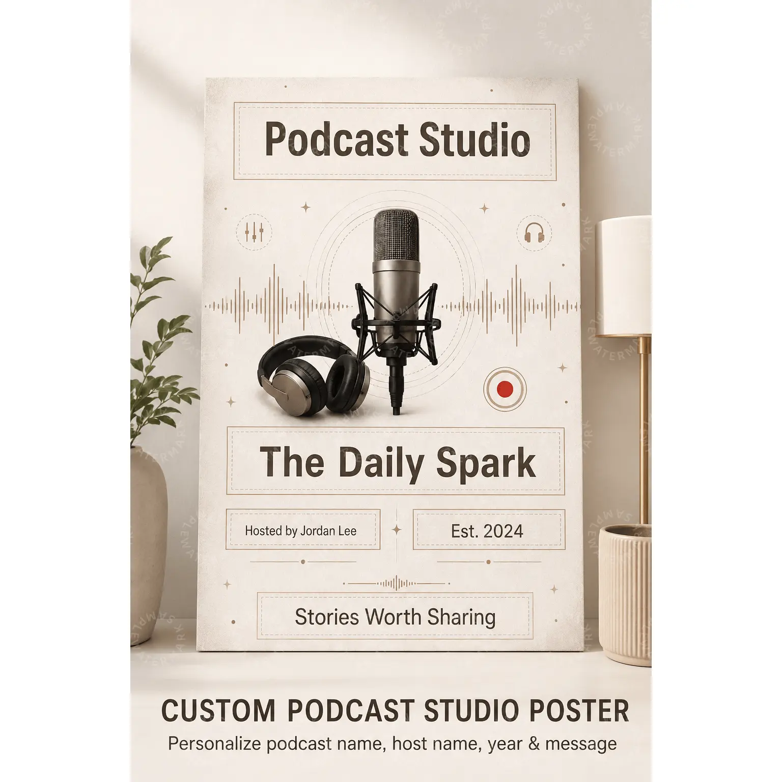 Custom Podcast Studio Poster, Personalized Recording Room Wall Art, Beige Microphone Headphone Soundwave Decor, Home Office Aesthetic Poster, Music Room Wall Decor, Content Creator Gift