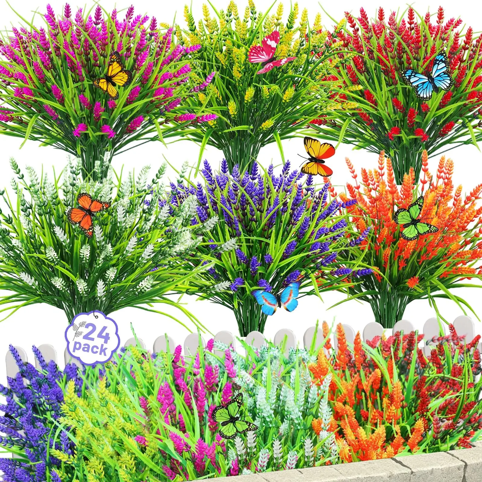 24 Bundles Outdoor Artificial Flowers, UV-Resistant Lavender Mimic Plants, Monkey Grass, Home Decor for Spring Summer, 6 Mixed Colors, Decorative Fake Flower