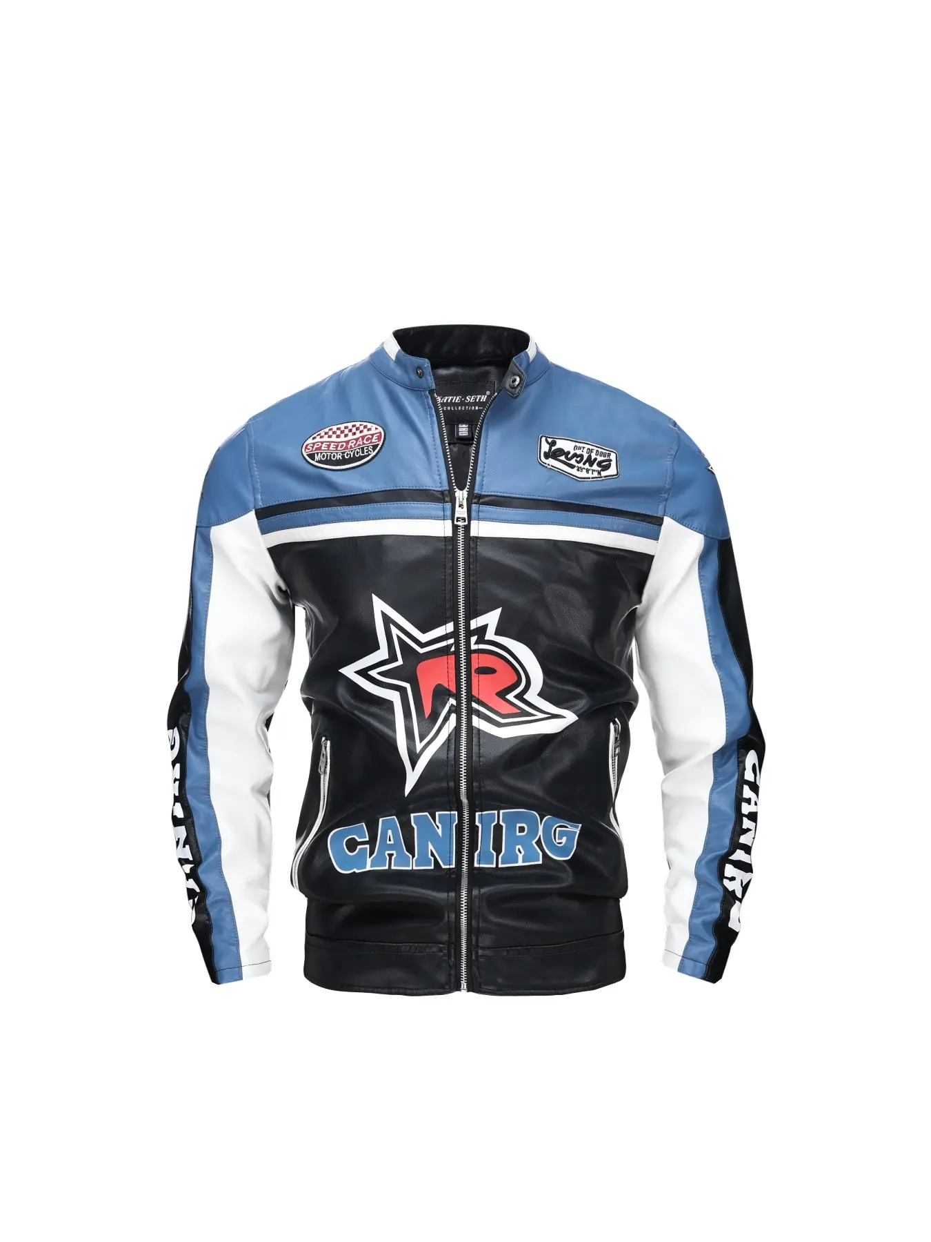 Men's fashion PU leather jacket, with motorcycle racing pattern, breathable stand-up collar, zipped long sleeves, side pockets - ideal choice for spring and autumn, autumn jacket | Pattern PU leather jacket | Flexible fitting jacket