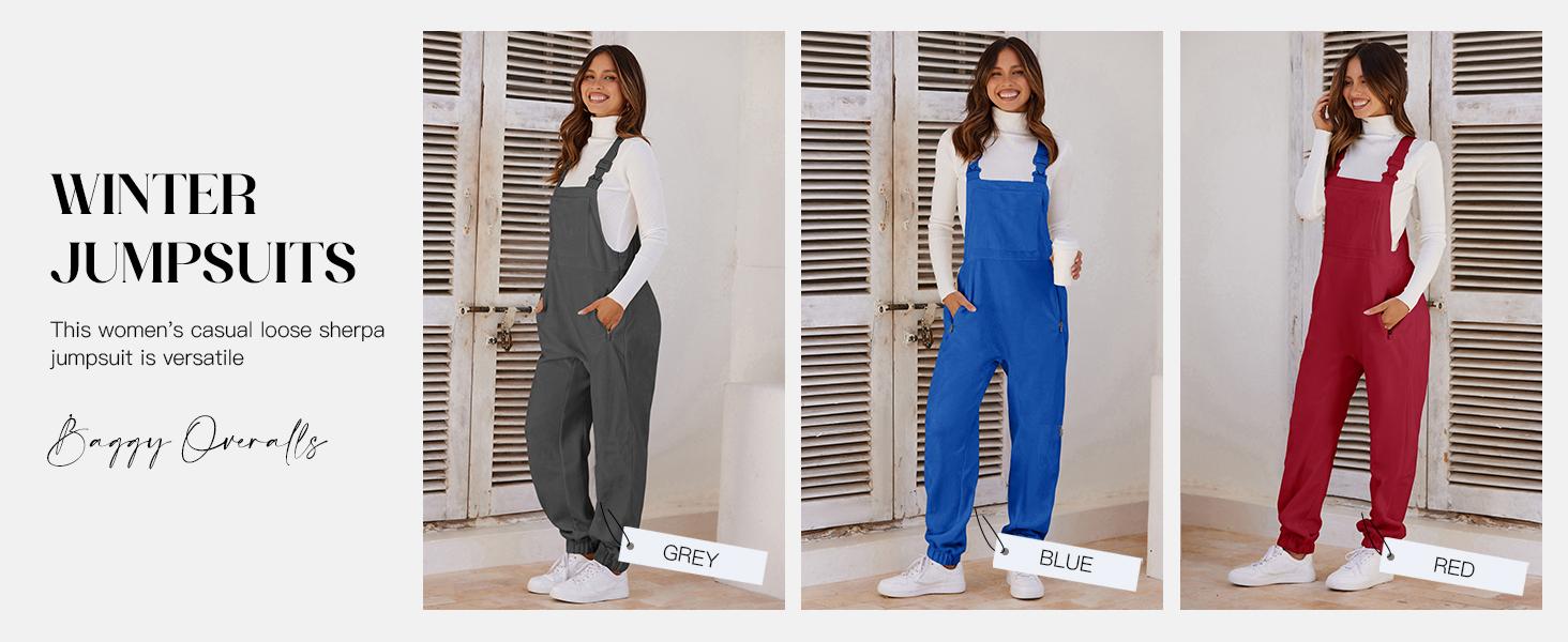 PiePieBuy Women's Warm Overalls Fleece Loose Winter Jumpsuit with Pockets Casual