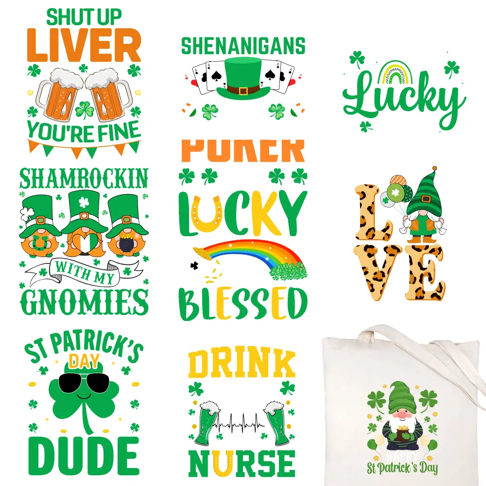 9 Pcs St Patricks Iron on Transfers DTF Transfers Ready Hoodie DIY Crafts Iron On Transfer Patches Easy to heat press decals iron on decals for Clothing T-Shirt Jeans Applications