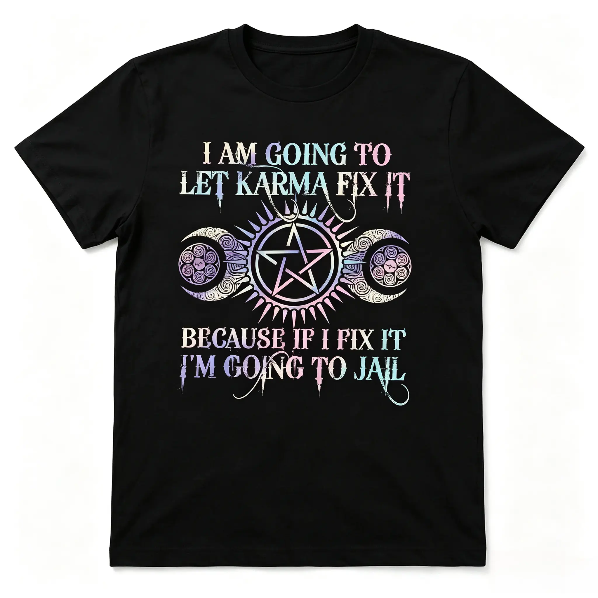 Women's Short Oversized Cotton T-Shirt - Triple Moon Pentagram Karma Graphic Top, Witchy Everyday Fashion, Valentine’s Day Gift for Witch Lovers