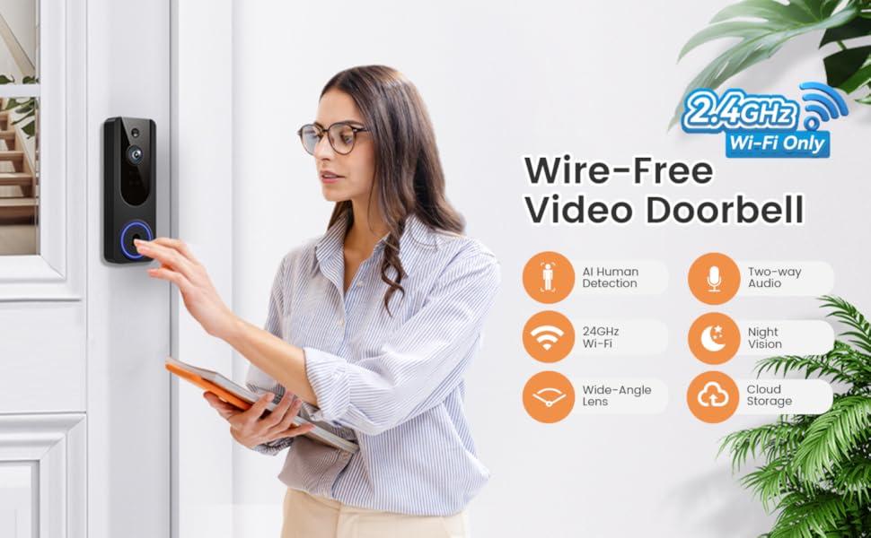 Wireless 1080P WiFi Video Doorbell, Battery Powered with AI Motion & Human Detection, 2-Way Talk, Night Vision, Cloud/SD Storage, 2.4G WiFi – Indoor/Outdoor