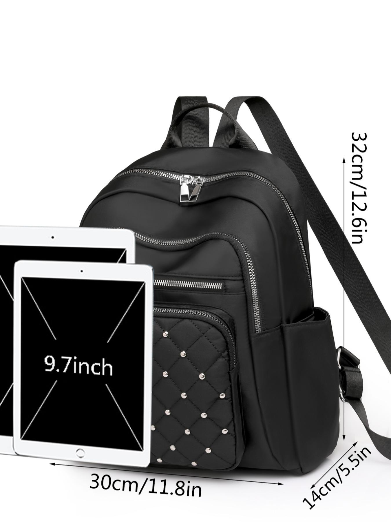 Rhombus Quilted Faux Pearl Decorated Backpack, Casual Zipper Backpack for Women, All-match Commuter Bag for Daily Used, Perfect for College Students