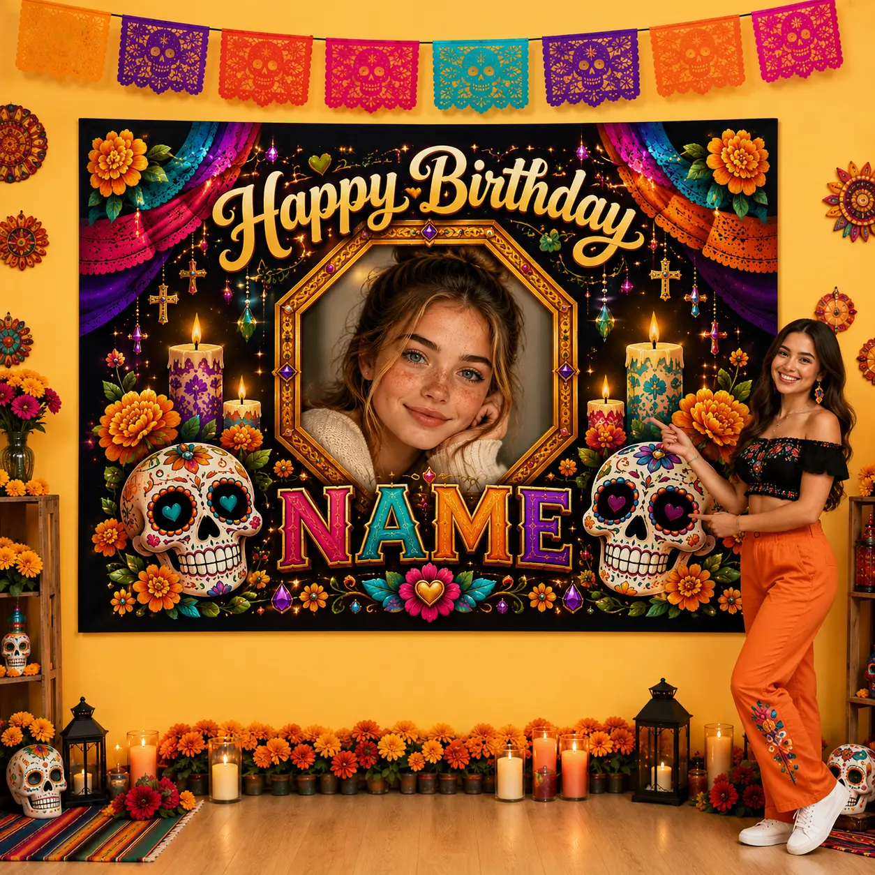 Personalized Colorful Sugar Skull Birthday Backdrop, Custom Name Photo Floral Folk Art Fiesta Banner, Orange Black Party Decor