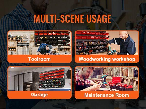 Wall Mounted Storage Bins, 48-Bin Parts Rack Organizer Garage Plastic Shop Tool with Wall Panels, Tool Organizer for Nuts, Bolts, Screws, Nails, Beads, Buttons, Other Small Parts, Black and Red
